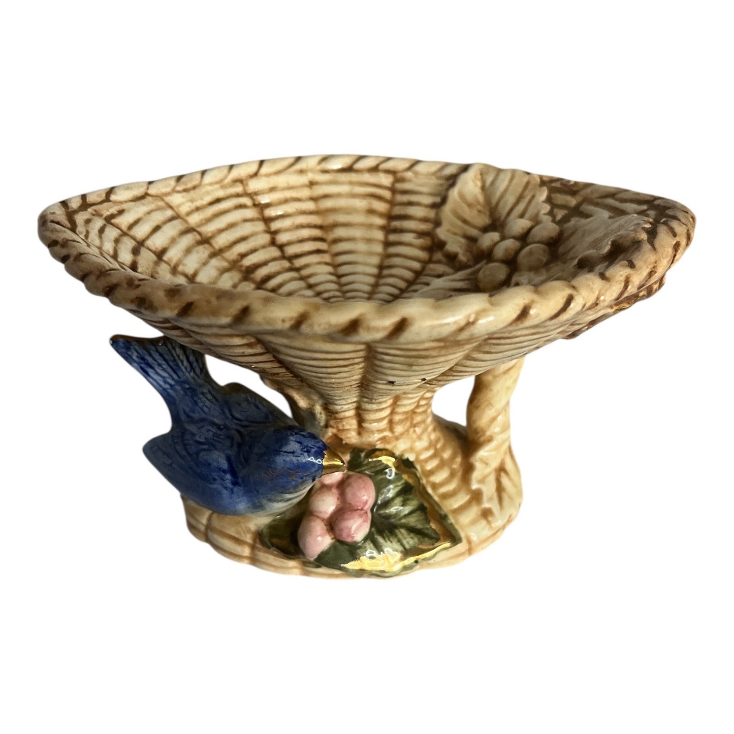 Vintage Norleans Japan Ceramic Bird Pedestal Bowl Compote Bluebird Basket Dish