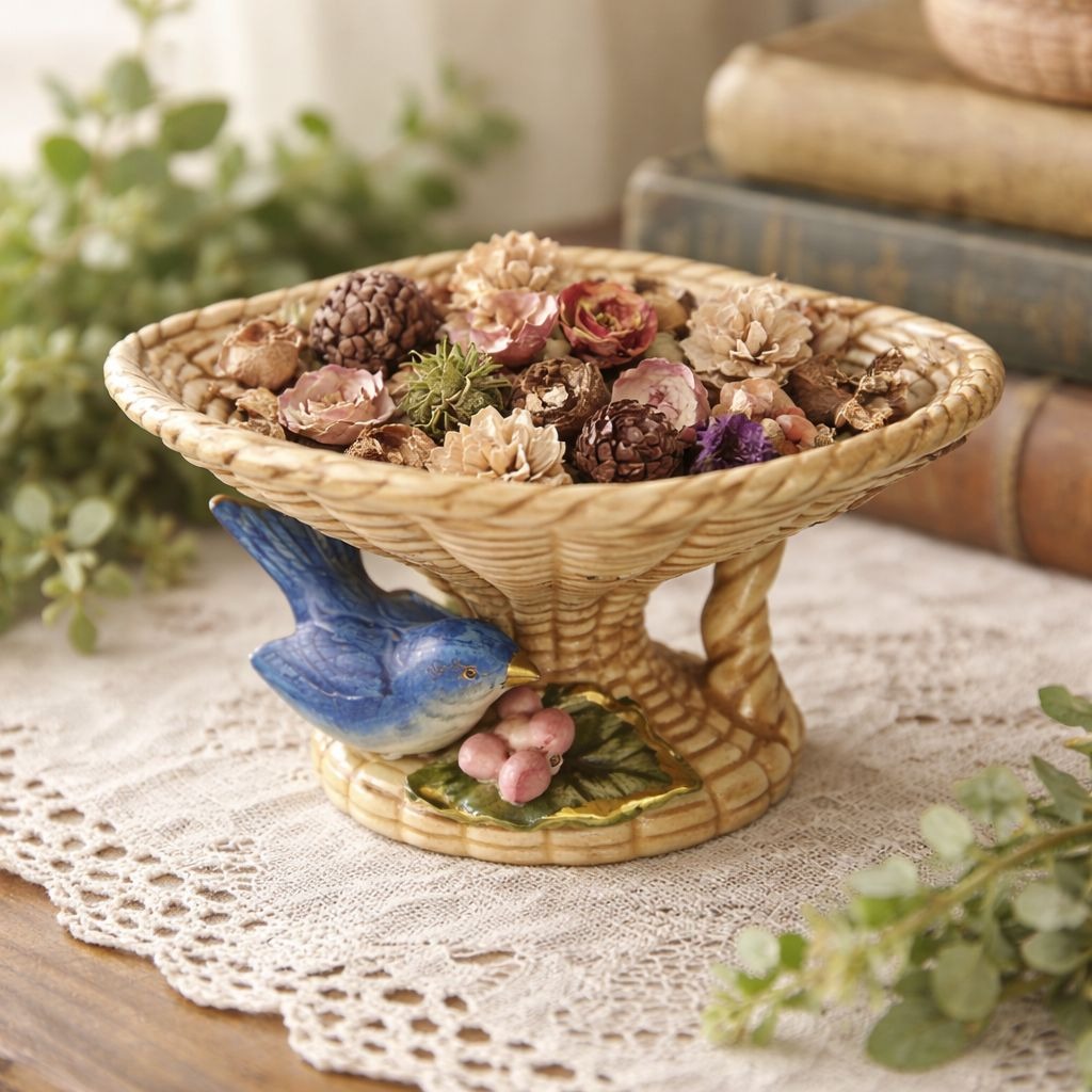 Vintage Norleans Japan Ceramic Bird Pedestal Bowl Compote Bluebird Basket Dish