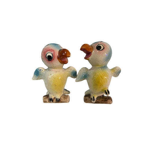 Vintage Japan Ceramic Bird Figurines Pair Pastel Blue Yellow Kitsch Mid Century Decor