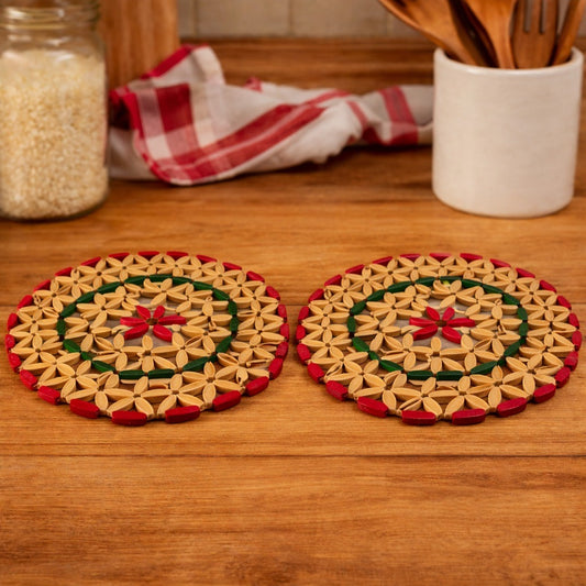 Vintage Bamboo Trivet Set Floral Pattern 9 Inch Hot Pad Boho Kitchen Decor Mid Century
