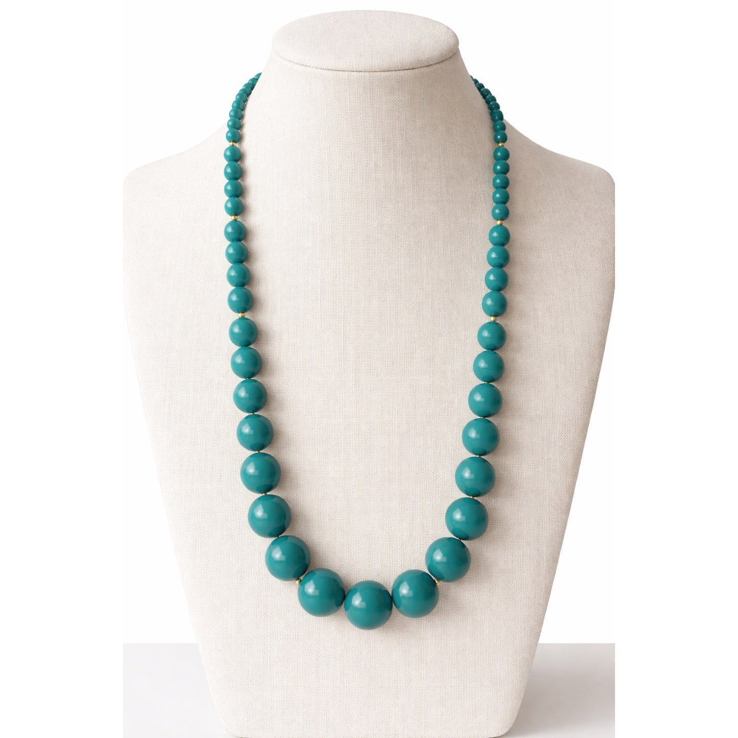 Monet Teal Graduated Bead Necklace Gold Tone Clasp 28” Vintage Statement