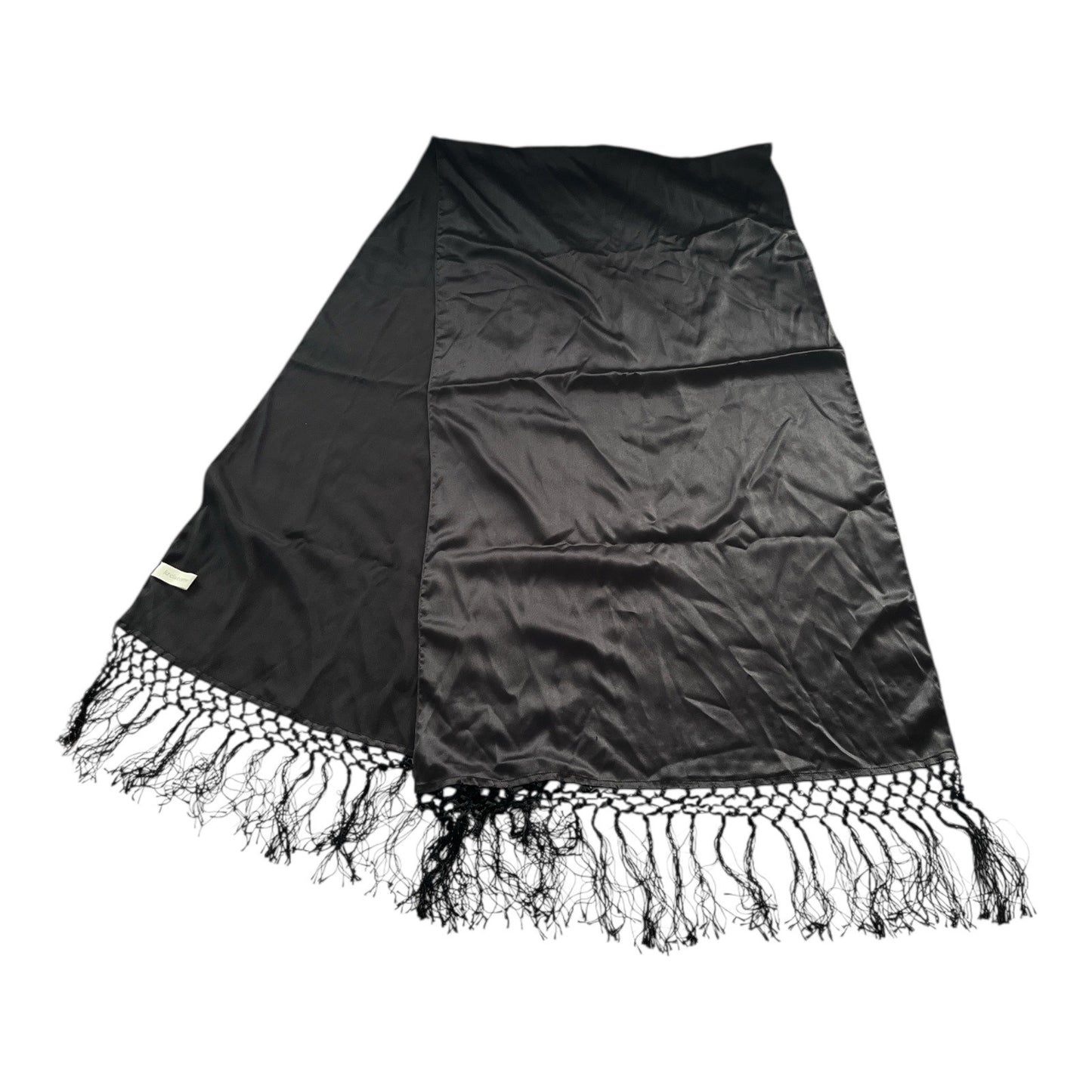 Vintage Liz Claiborne Black Satin Fringe Shawl Wrap Evening Scarf Long Rectangular