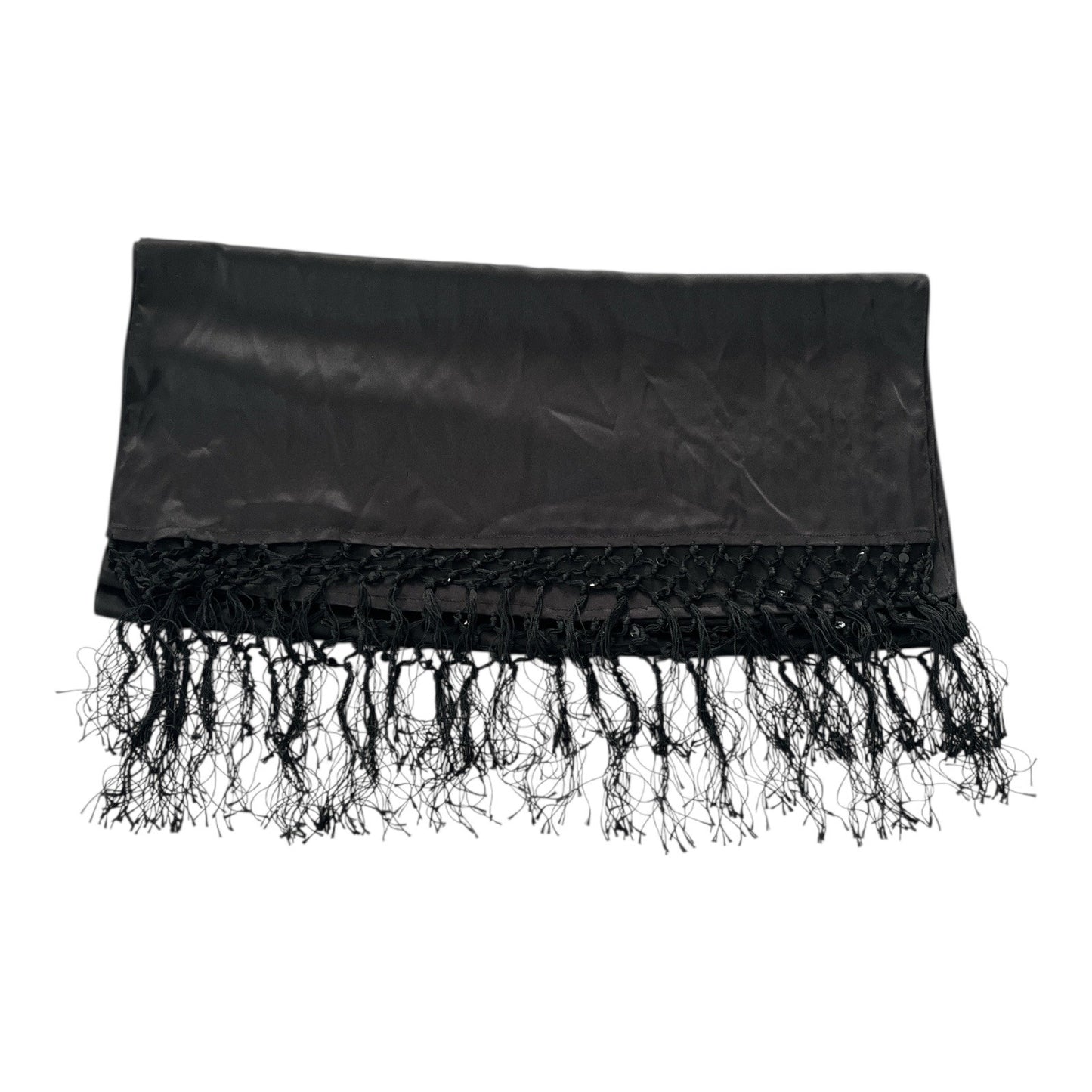 Vintage Liz Claiborne Black Satin Fringe Shawl Wrap Evening Scarf Long Rectangular