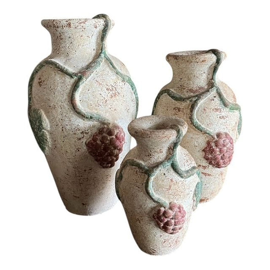 Set of 3 Vintage Mexican Pottery Vases | Grape Relief Rustic Ceramic Decor | Hecho en Mexico