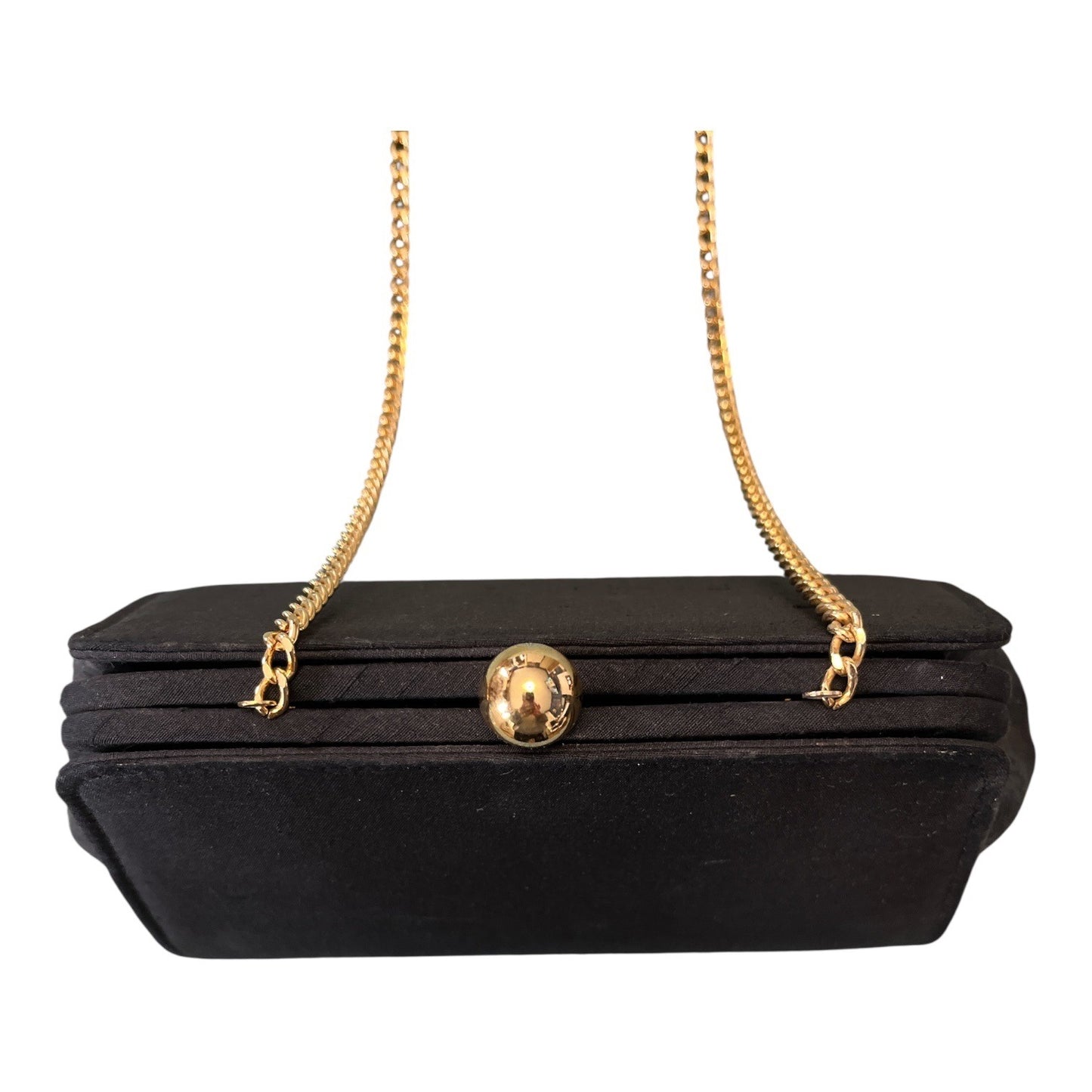 Vintage Bechamel Black Satin Evening Bag Gold Chain Strap Hong Kong Clutch Purse