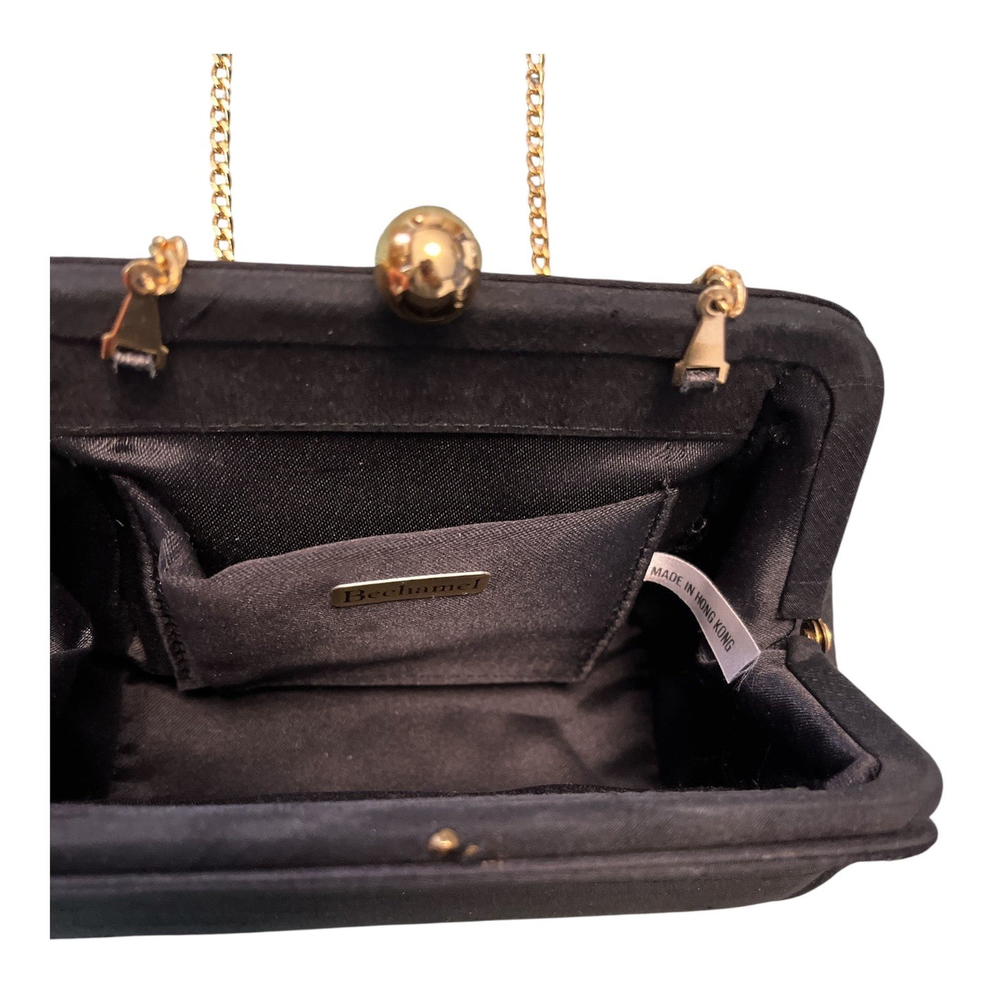 Vintage Bechamel Black Satin Evening Bag Gold Chain Strap Hong Kong Clutch Purse