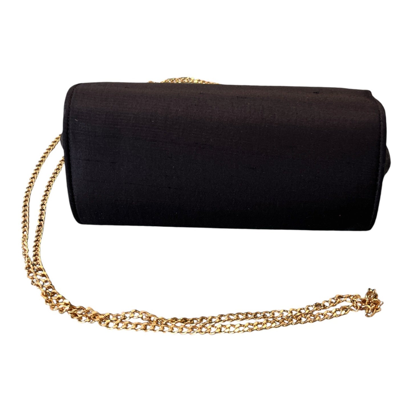 Vintage Bechamel Black Satin Evening Bag Gold Chain Strap Hong Kong Clutch Purse