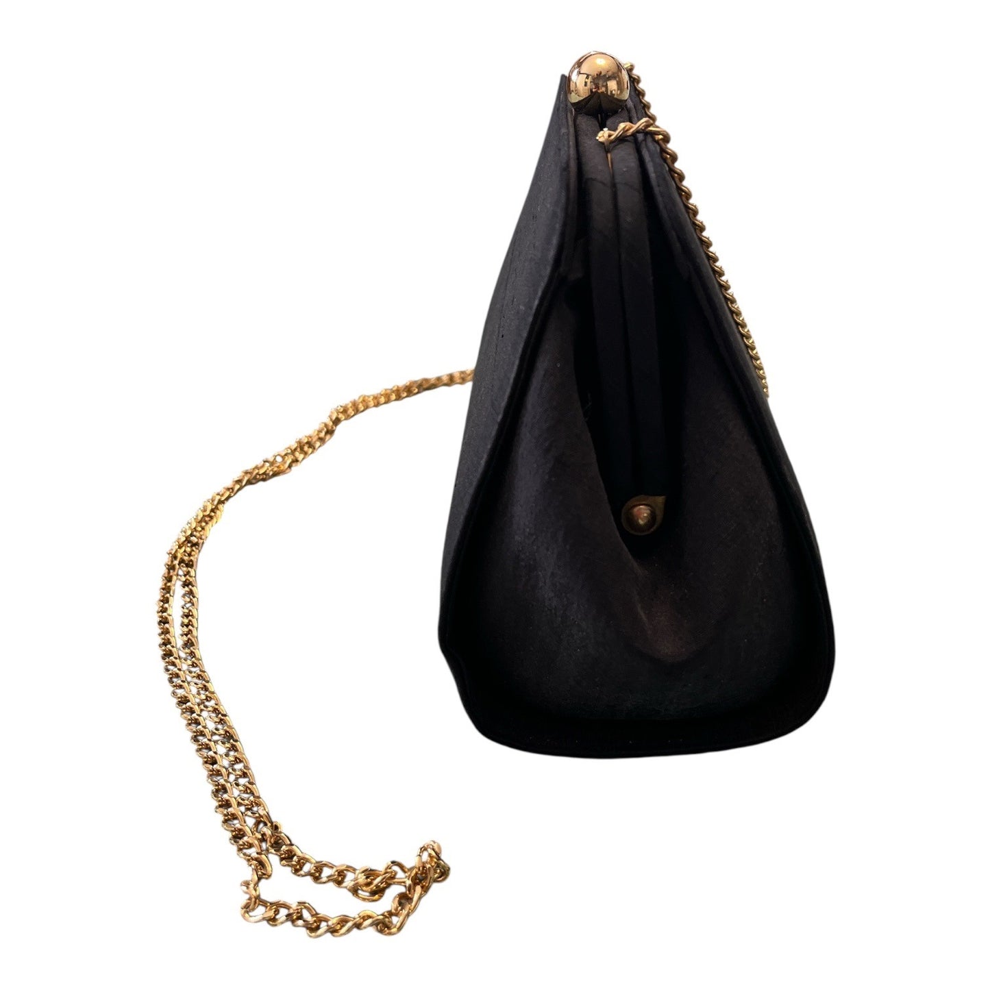 Vintage Bechamel Black Satin Evening Bag Gold Chain Strap Hong Kong Clutch Purse