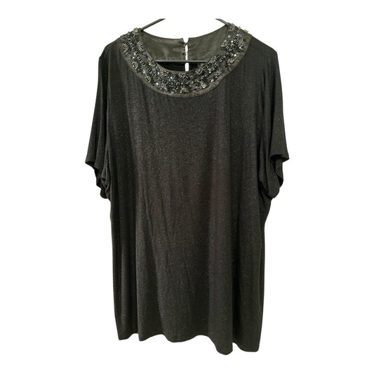 INC International Concepts Woman 2X Black Beaded Collar Top – Sparkle Knit, Short Sleeves
