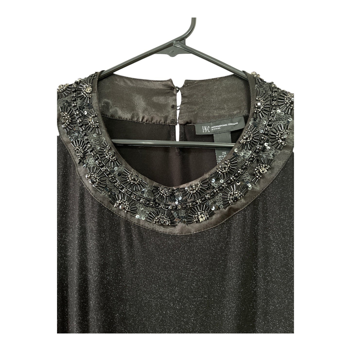 INC International Concepts Woman 2X Black Beaded Collar Top – Sparkle Knit, Short Sleeves