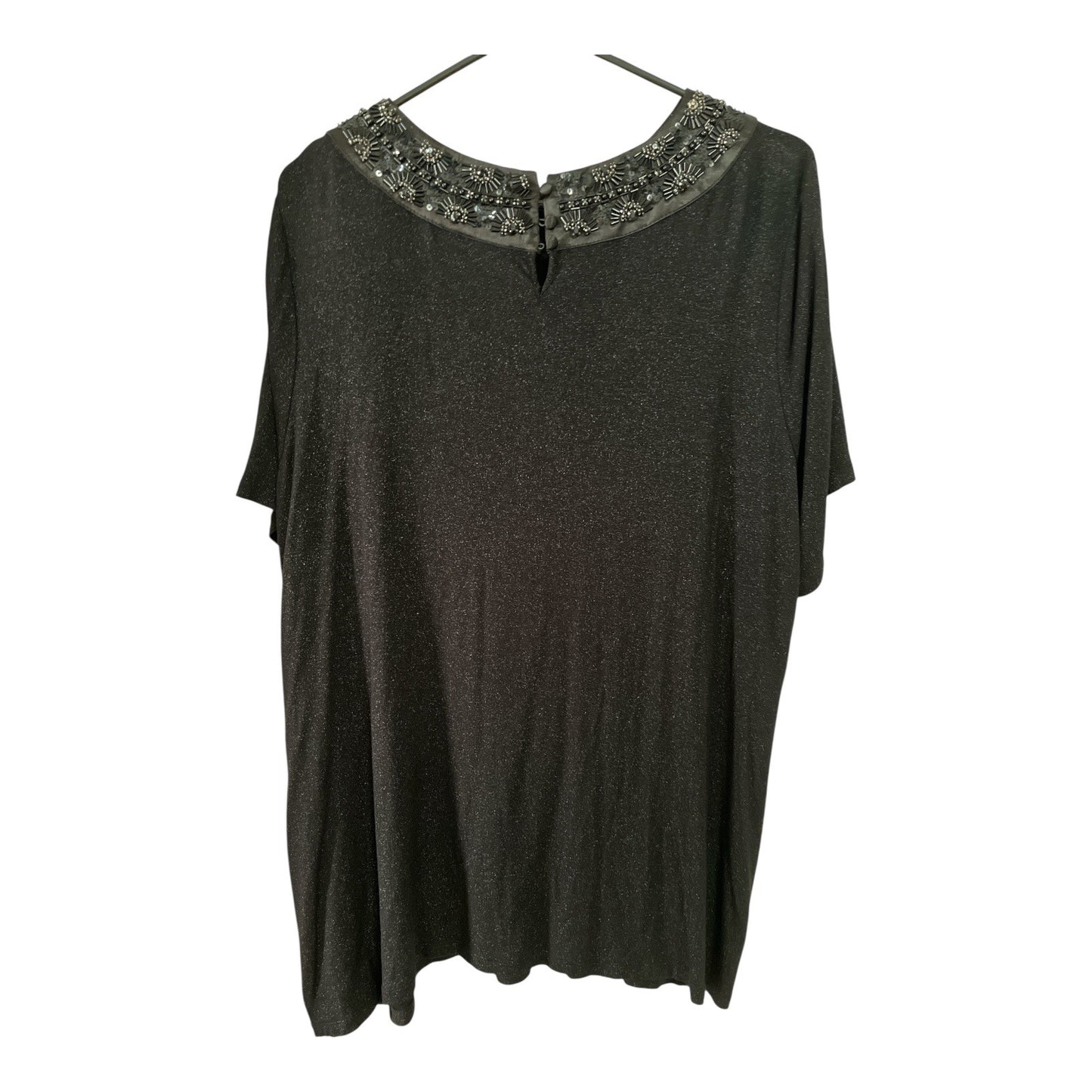 INC International Concepts Woman 2X Black Beaded Collar Top – Sparkle Knit, Short Sleeves