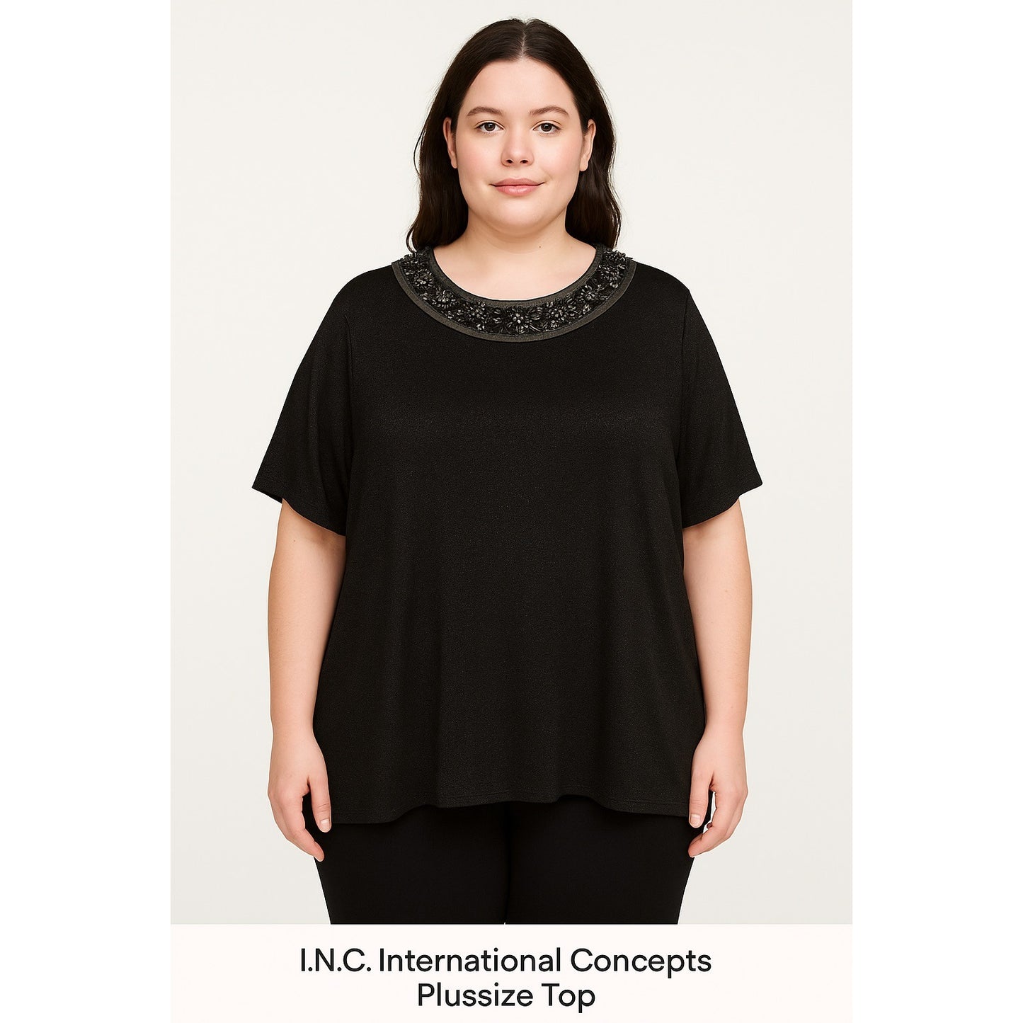 INC International Concepts Woman 2X Black Beaded Collar Top – Sparkle Knit, Short Sleeves