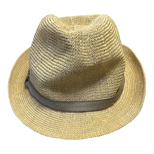 Vintage HBY Miami Straw Fedora Hat – Size L – Natural Woven with Brown Herringbone Band – 2000s–2010s