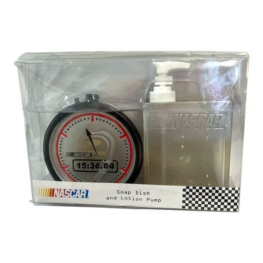 NASCAR-Themed Soap Dish & Lotion Pump Set With Race Clock Design