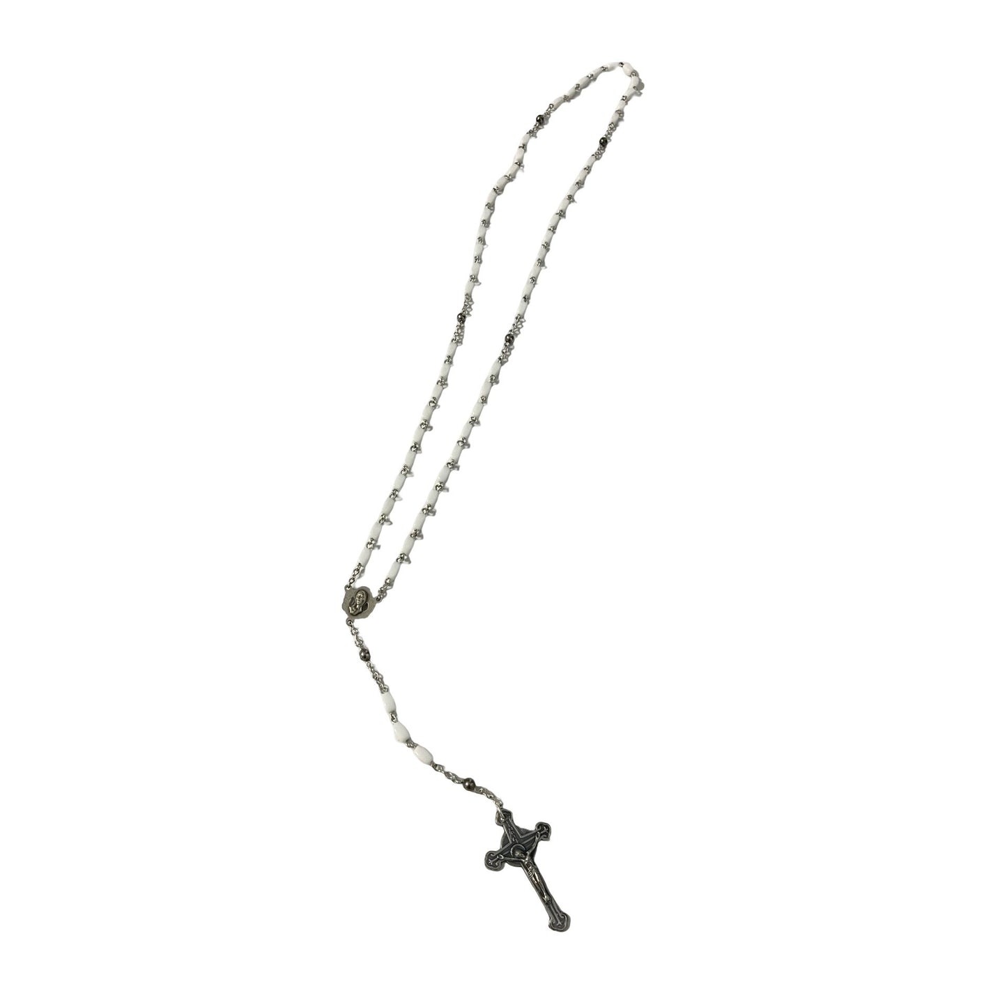 Vintage White Glass Bead Rosary Catholic Necklace Silver Tone Crucifix Religious Prayer Beads