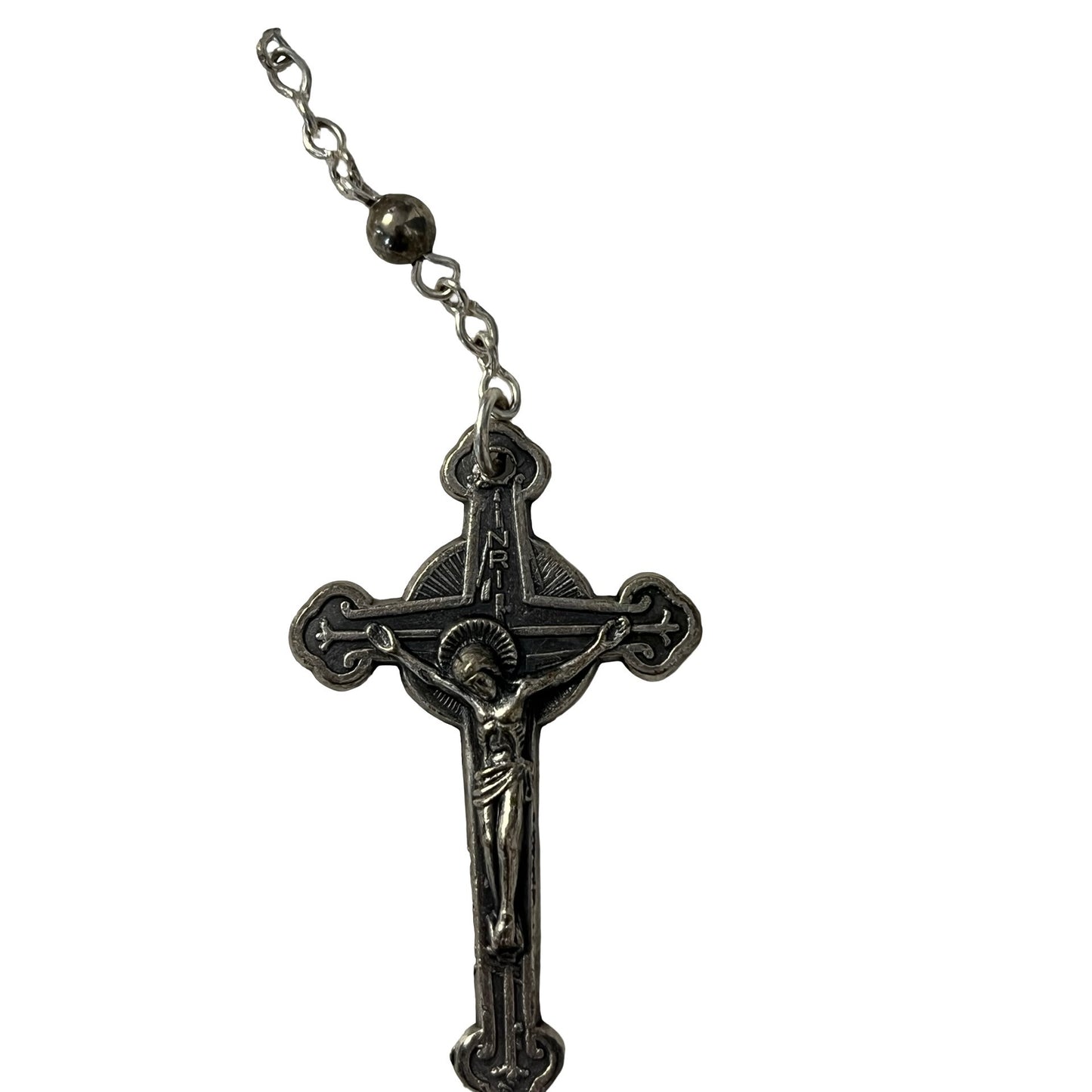 Vintage White Glass Bead Rosary Catholic Necklace Silver Tone Crucifix Religious Prayer Beads