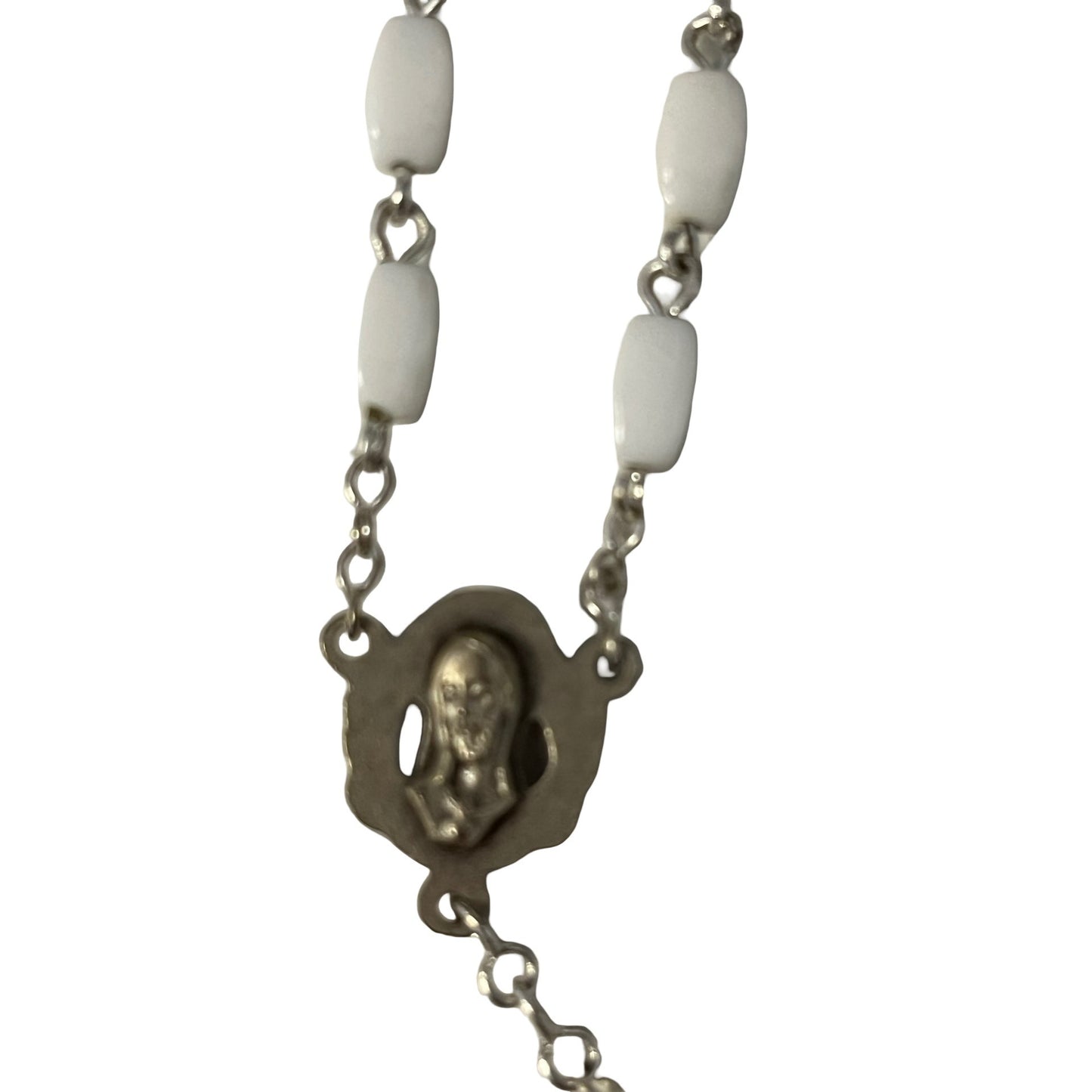 Vintage White Glass Bead Rosary Catholic Necklace Silver Tone Crucifix Religious Prayer Beads