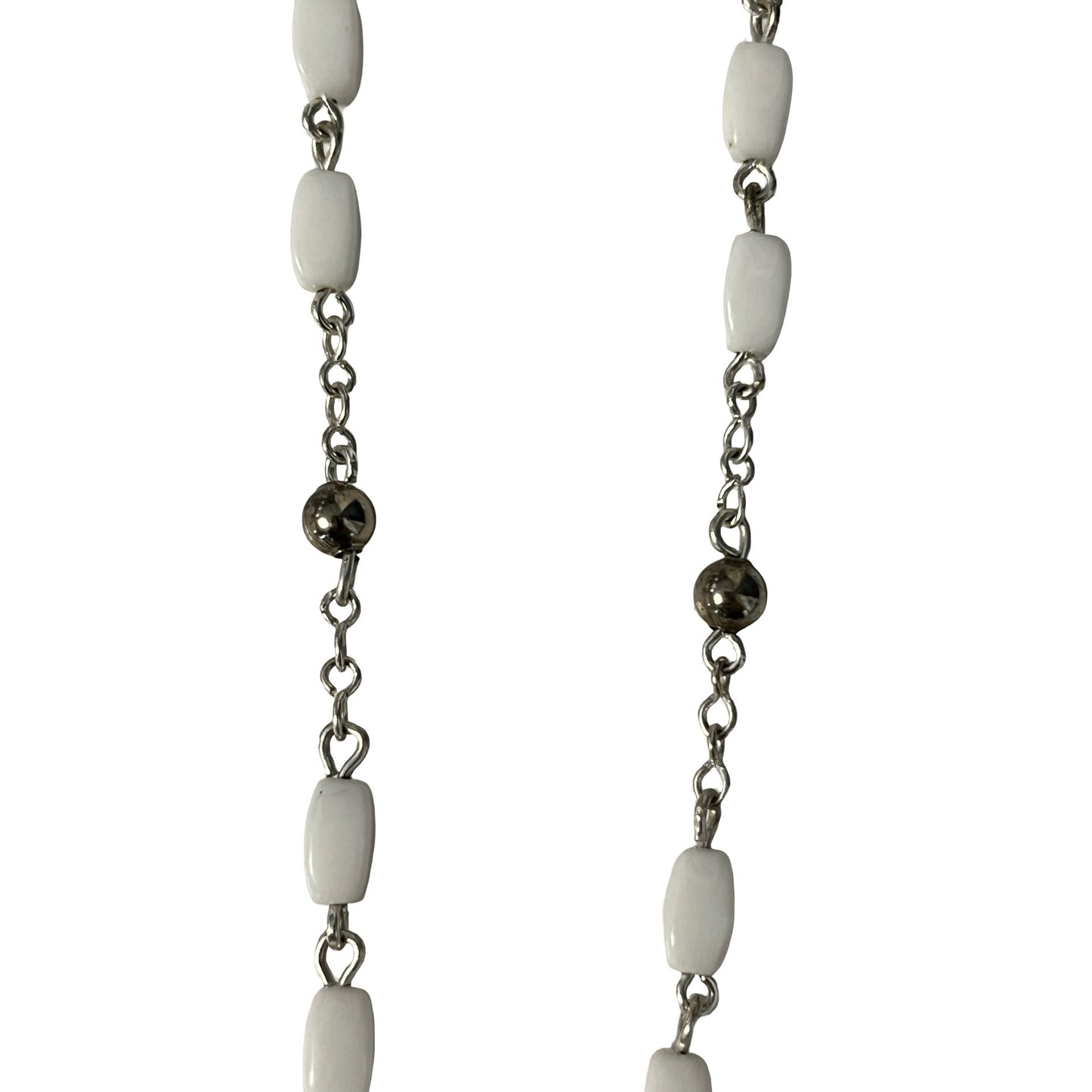 Vintage White Glass Bead Rosary Catholic Necklace Silver Tone Crucifix Religious Prayer Beads