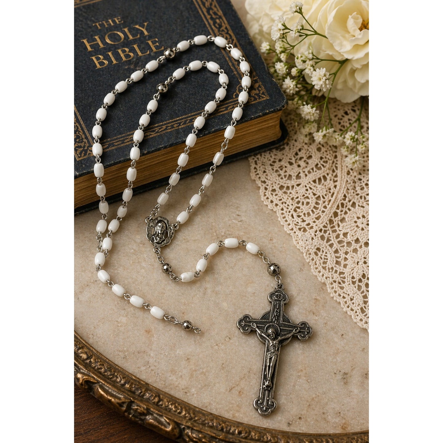 Vintage White Glass Bead Rosary Catholic Necklace Silver Tone Crucifix Religious Prayer Beads