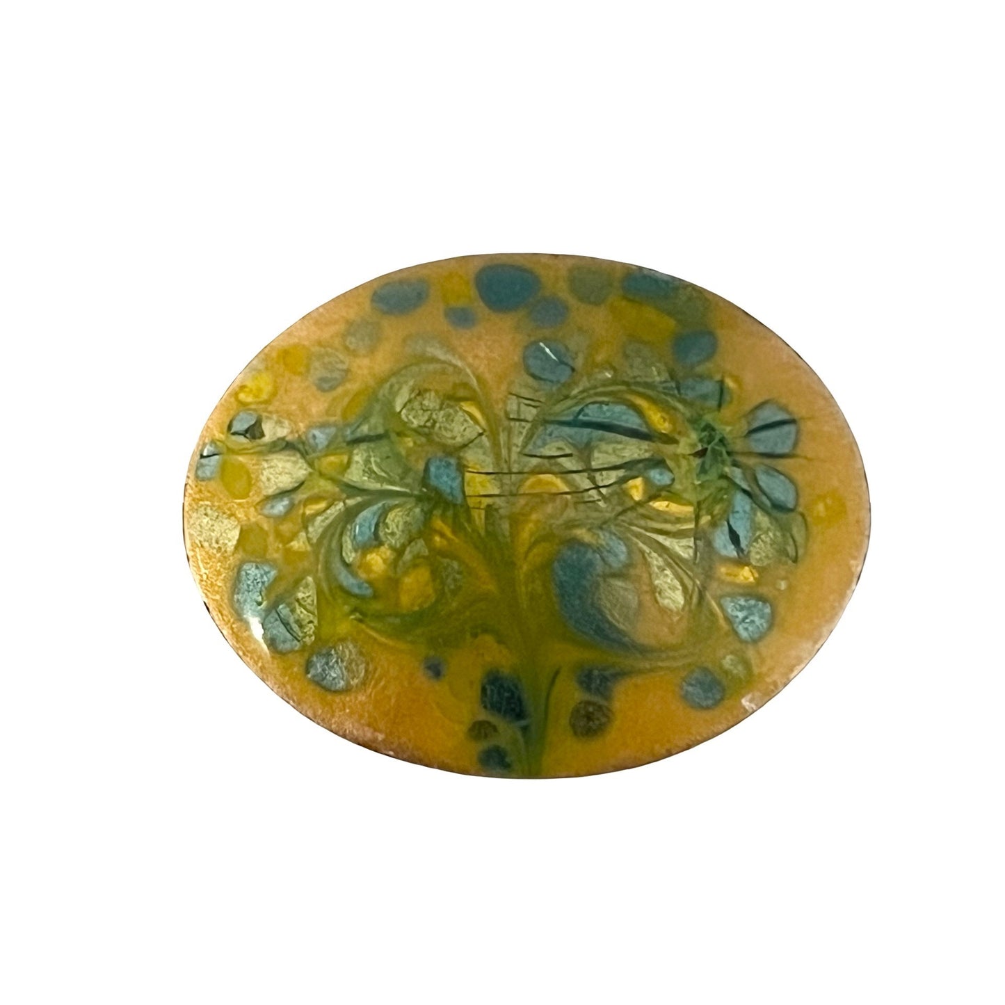 Vintage Inga Art Glass Brooch Oval Yellow Green Blue Abstract Signed Mid Century