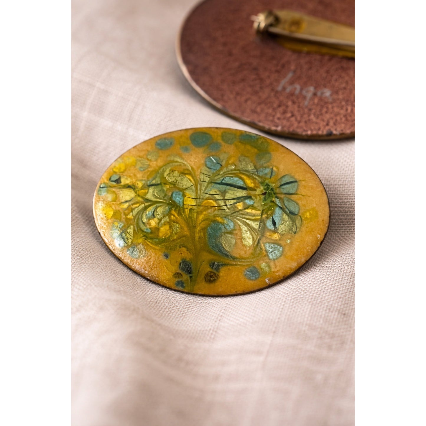 Vintage Inga Art Glass Brooch Oval Yellow Green Blue Abstract Signed Mid Century