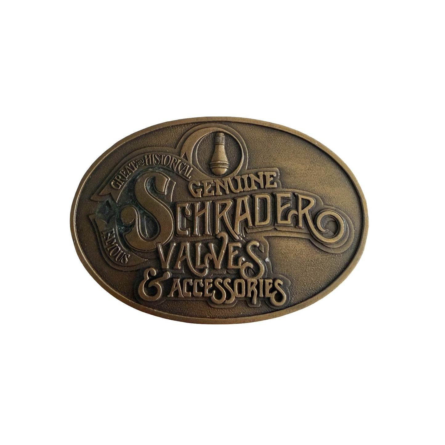 Vintage Schrader Valves & Accessories Belt Buckle 1977 Brass Tone Automotive