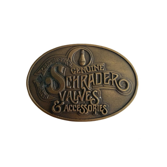 Vintage Schrader Valves & Accessories Belt Buckle 1977 Brass Tone Automotive