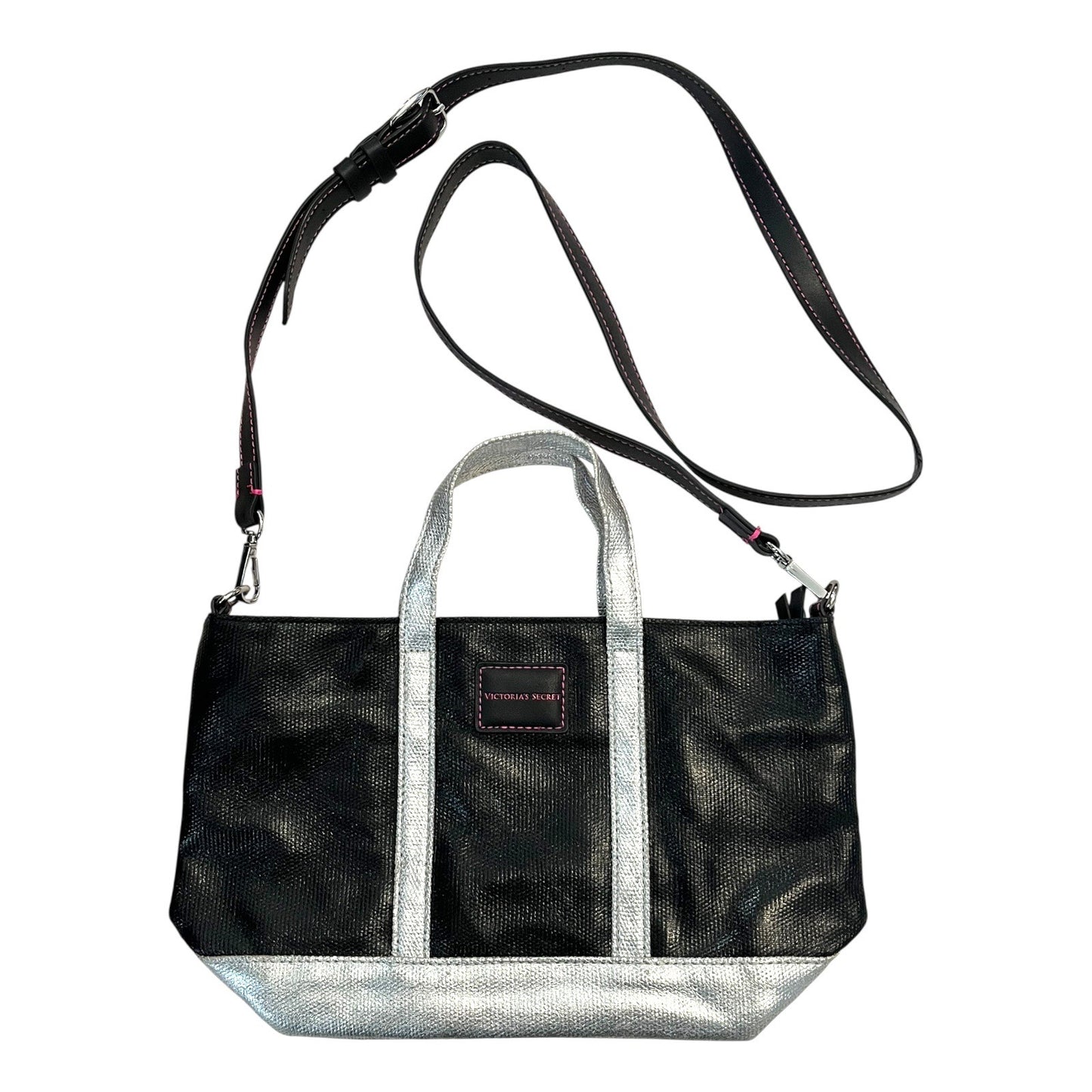 Victoria's Secret Black Silver Metallic Tote Crossbody Bag Pink Stitching Removable Strap