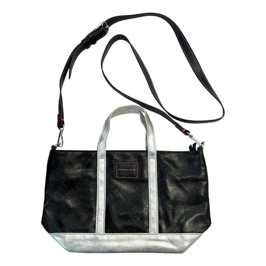 Victoria's Secret Black Silver Metallic Tote Crossbody Bag Pink Stitching Removable Strap