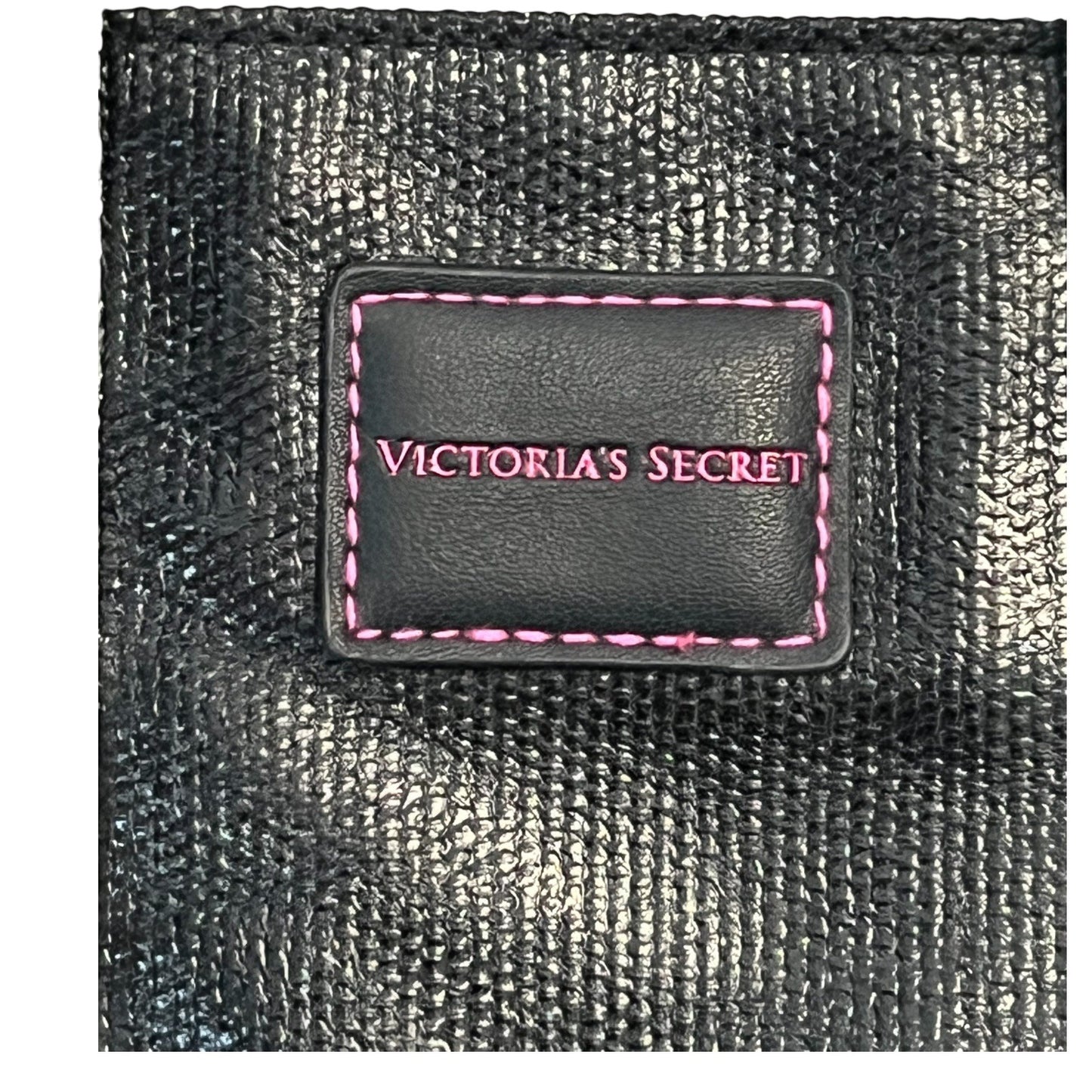 Victoria's Secret Black Silver Metallic Tote Crossbody Bag Pink Stitching Removable Strap