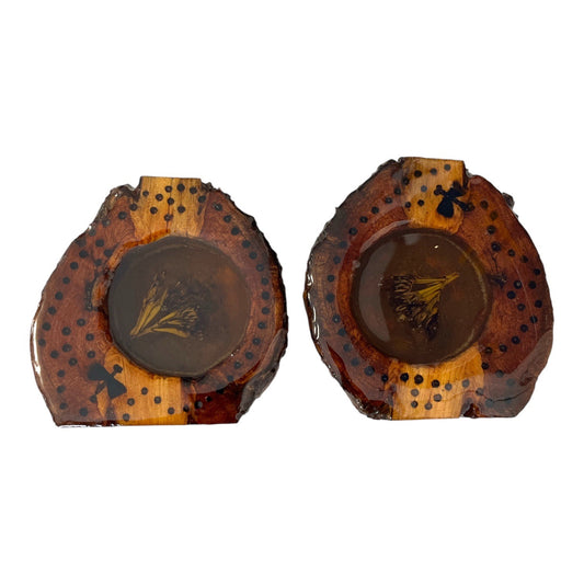 Vintage Wood Resin Botanical Art Pieces Rustic Handmade Nature Decor Pair
