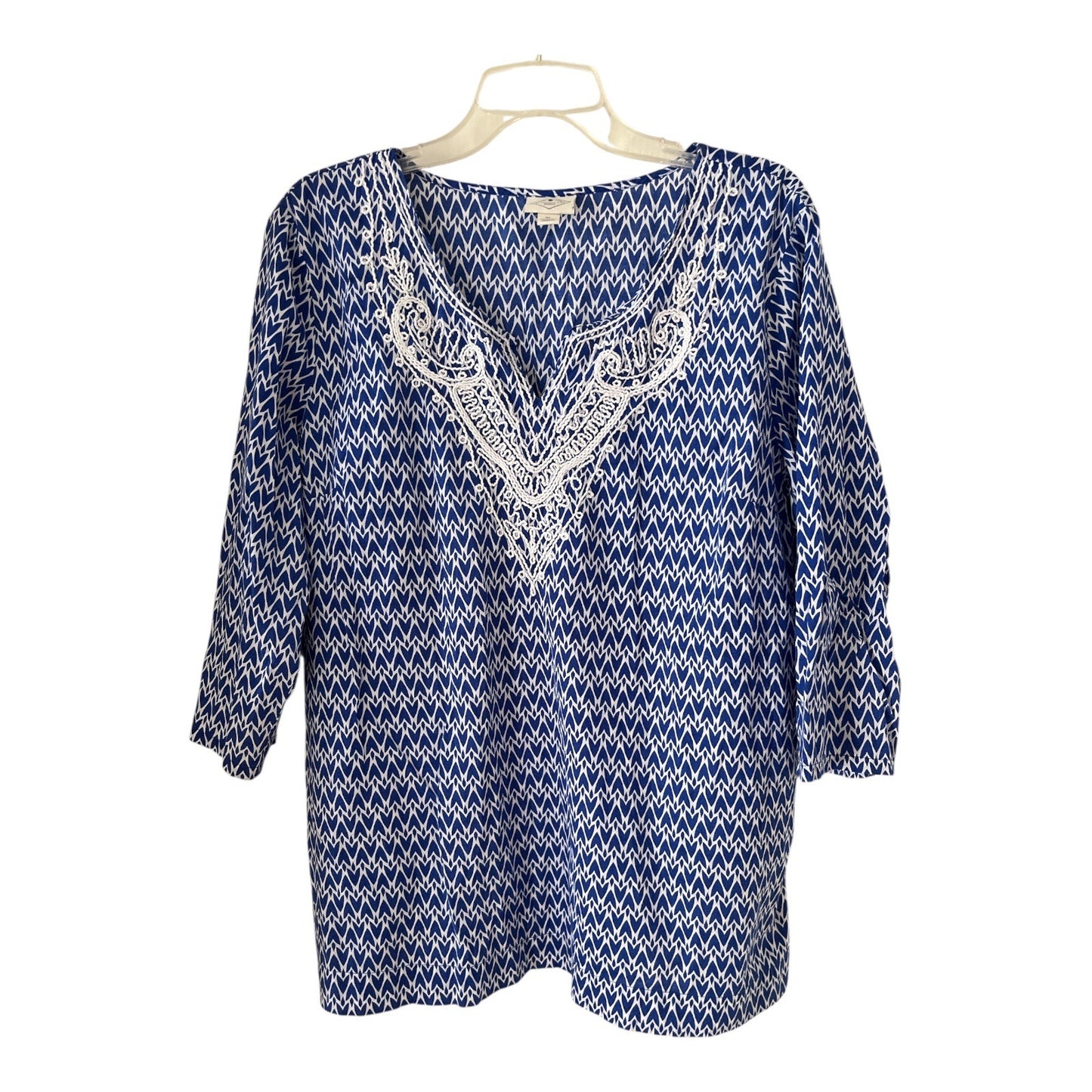 St. John's Bay Women's XL Blue White Embroidered Cotton Tunic Top 3/4 Sleeve Boho