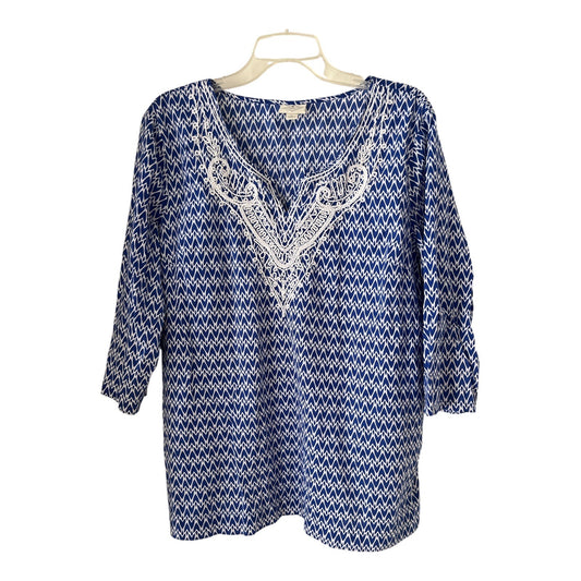 St. John's Bay Women's XL Blue White Embroidered Cotton Tunic Top 3/4 Sleeve Boho