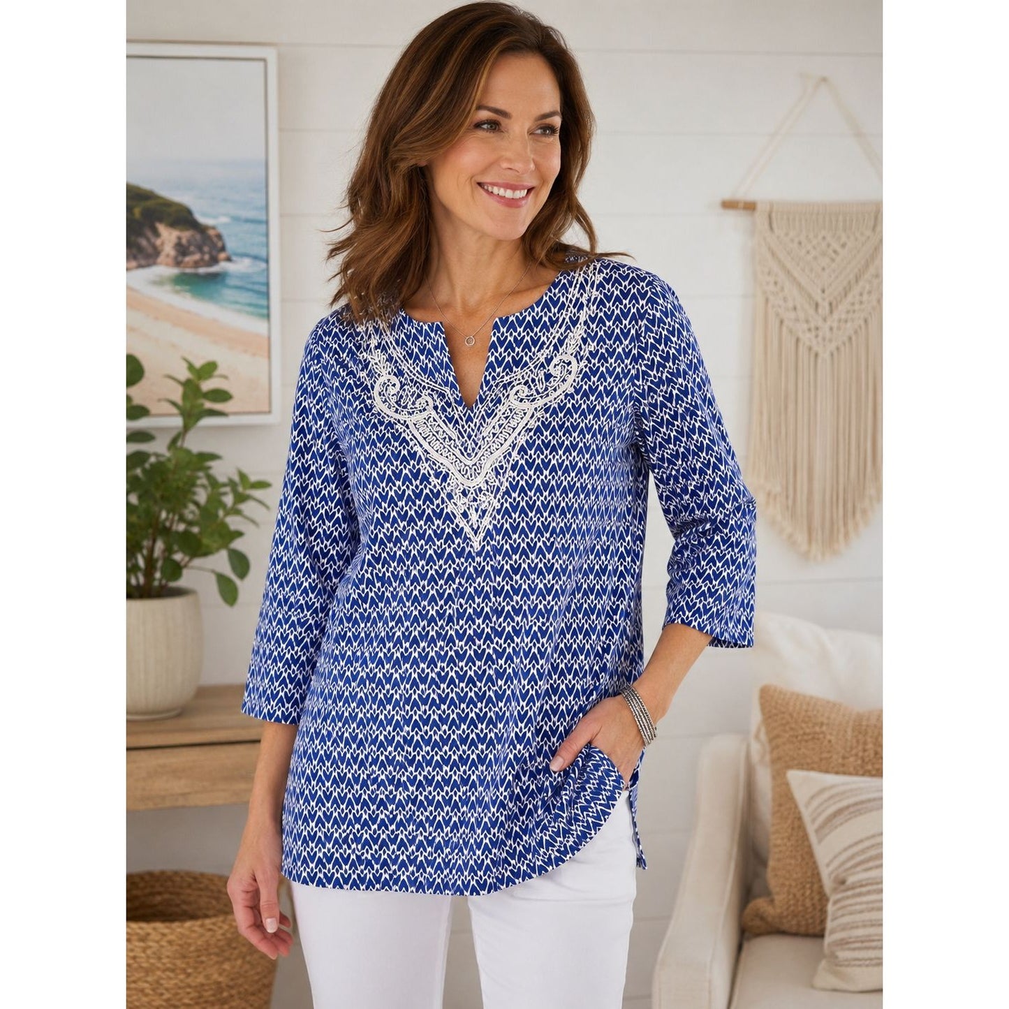 St. John's Bay Women's XL Blue White Embroidered Cotton Tunic Top 3/4 Sleeve Boho