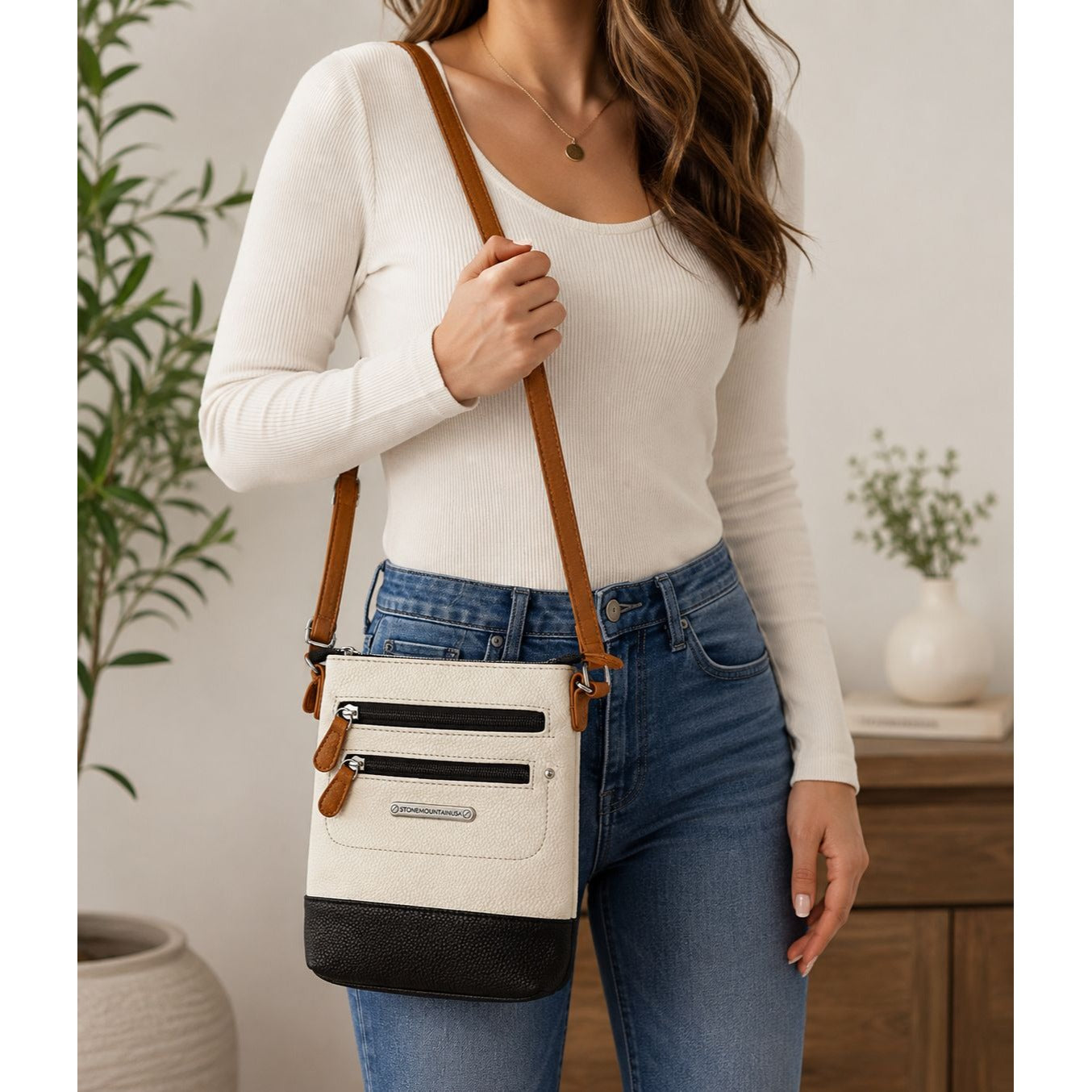 Stone Mountain USA Colorblock Crossbody Bag White Black Brown Pebbled Faux Leather