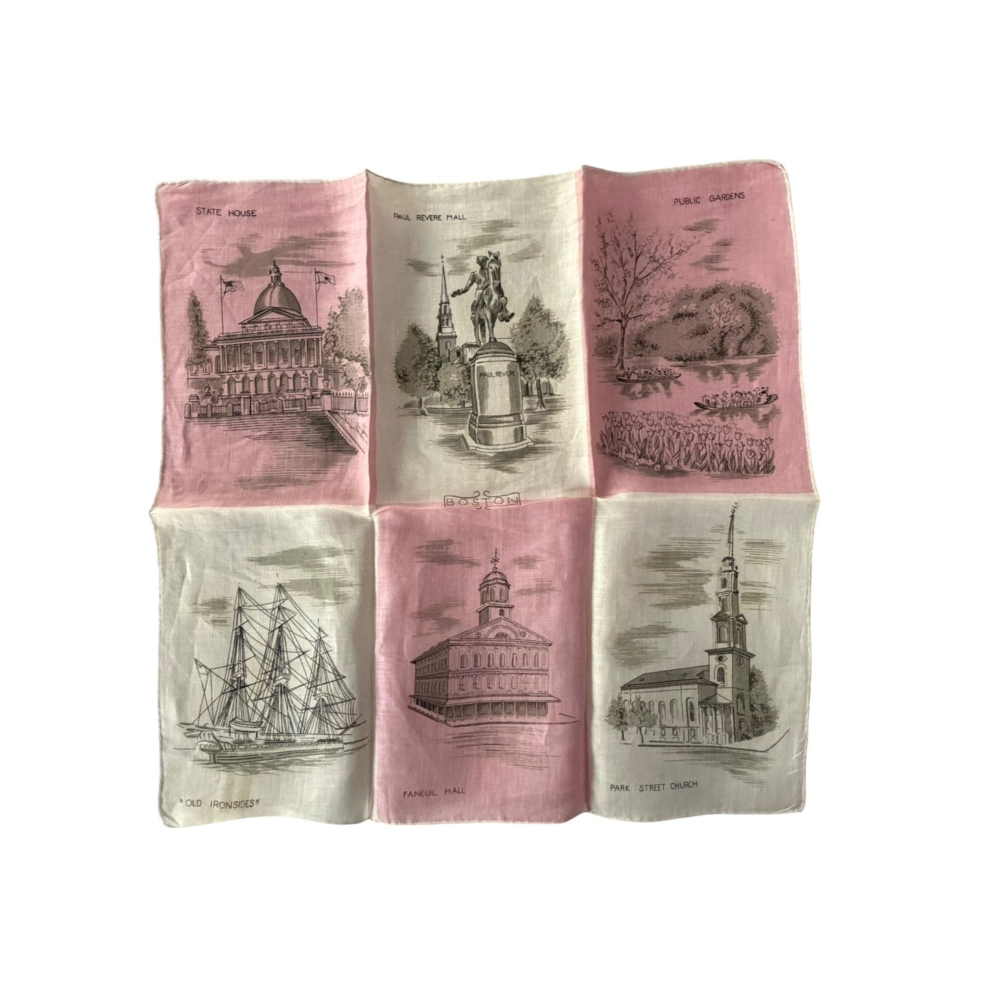 Vintage Boston Massachusetts Souvenir Handkerchief Pink White Scenic Landmarks 15"