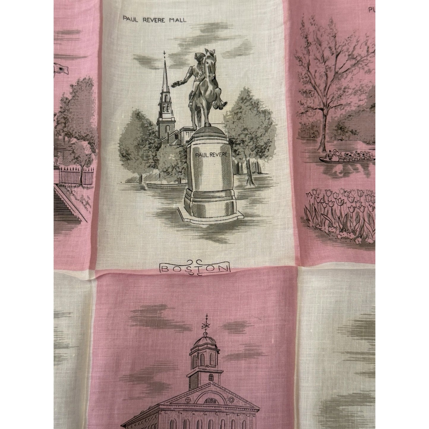Vintage Boston Massachusetts Souvenir Handkerchief Pink White Scenic Landmarks 15"