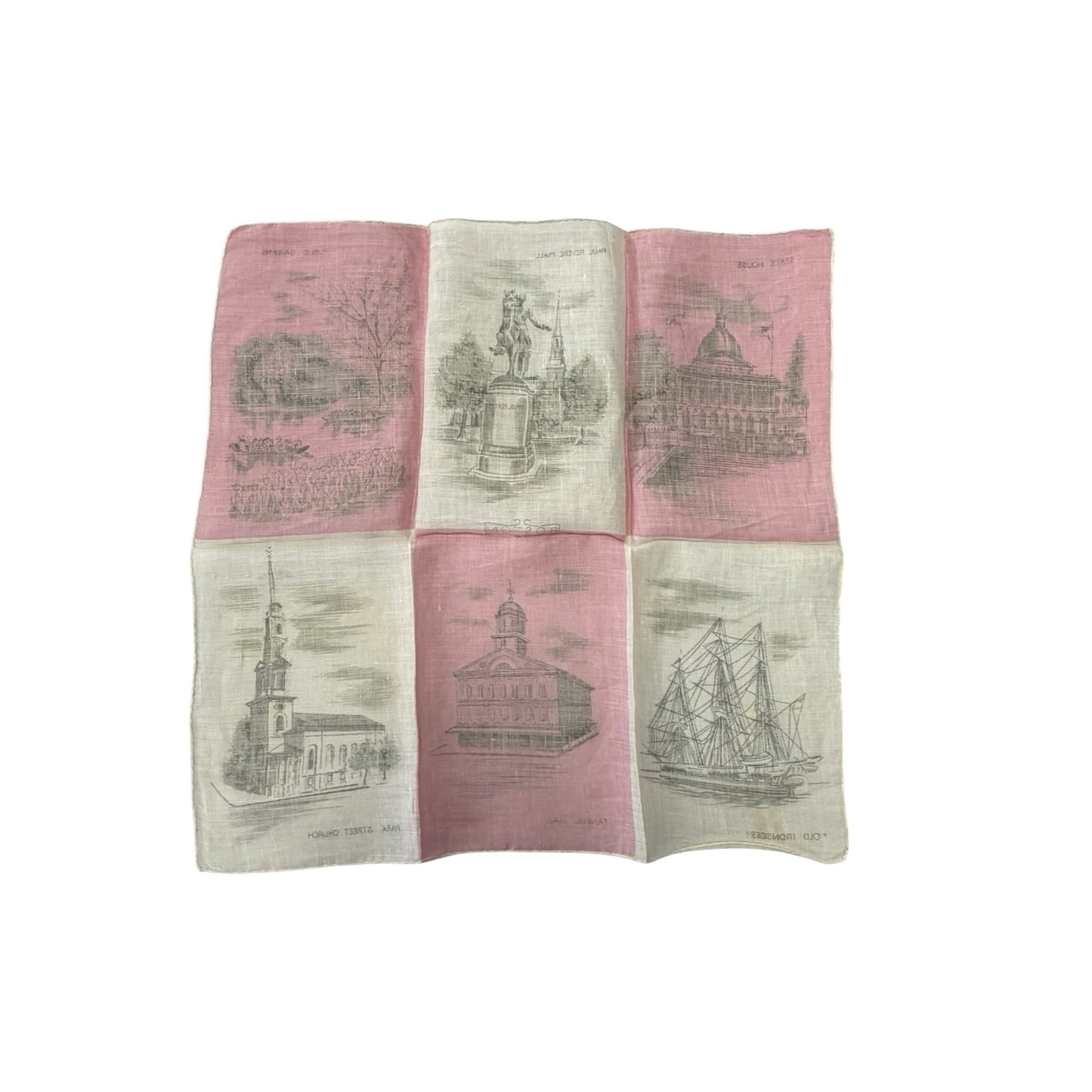 Vintage Boston Massachusetts Souvenir Handkerchief Pink White Scenic Landmarks 15"