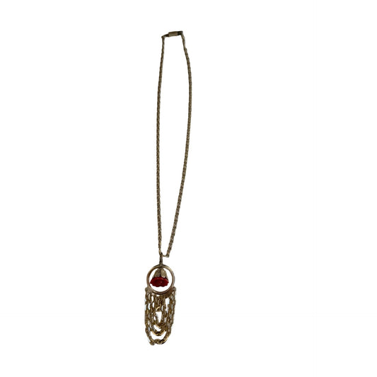 Vintage Hong Kong Red Flower Pendant Necklace Silver Tone Chain Dangle Fringe