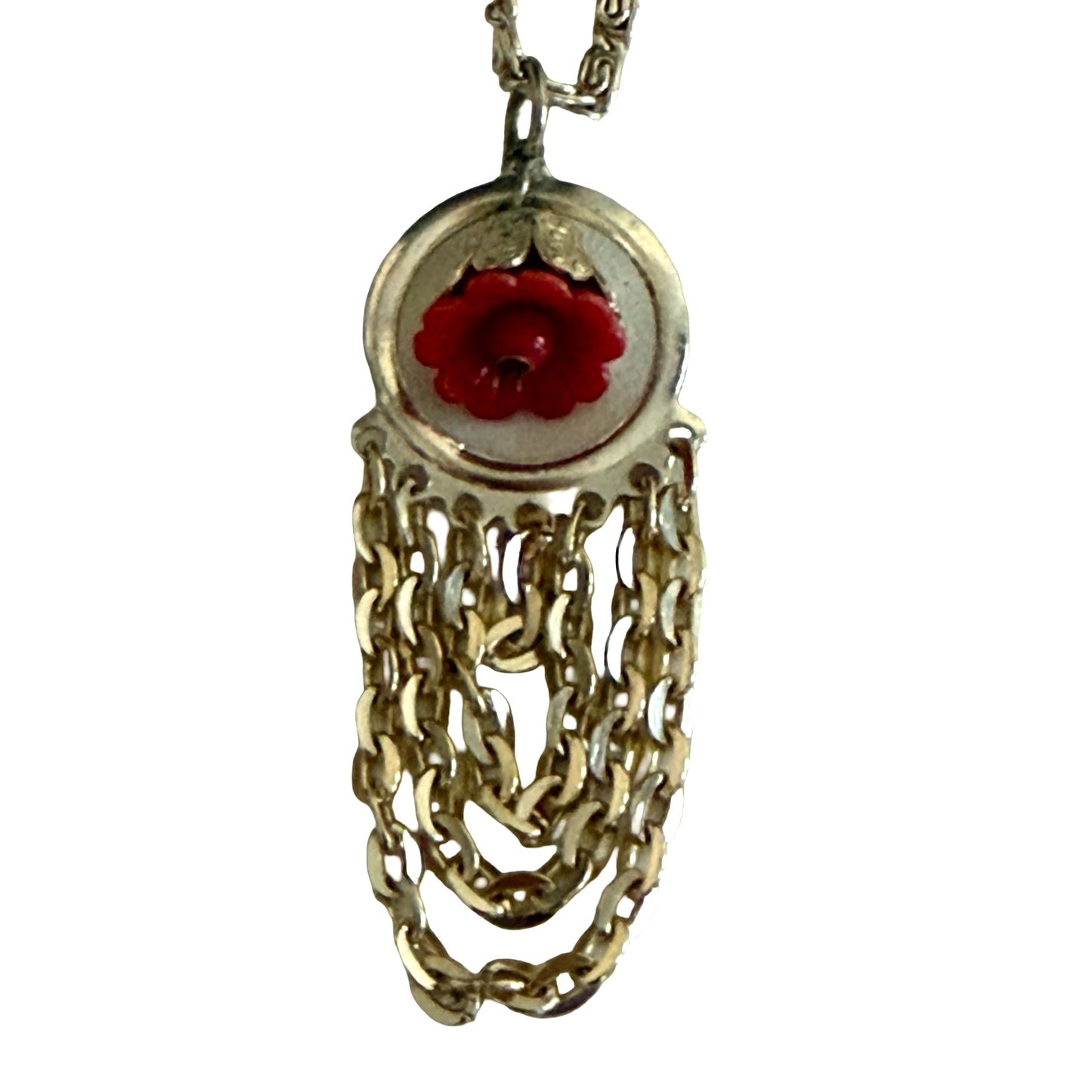 Vintage Hong Kong Red Flower Pendant Necklace Silver Tone Chain Dangle Fringe
