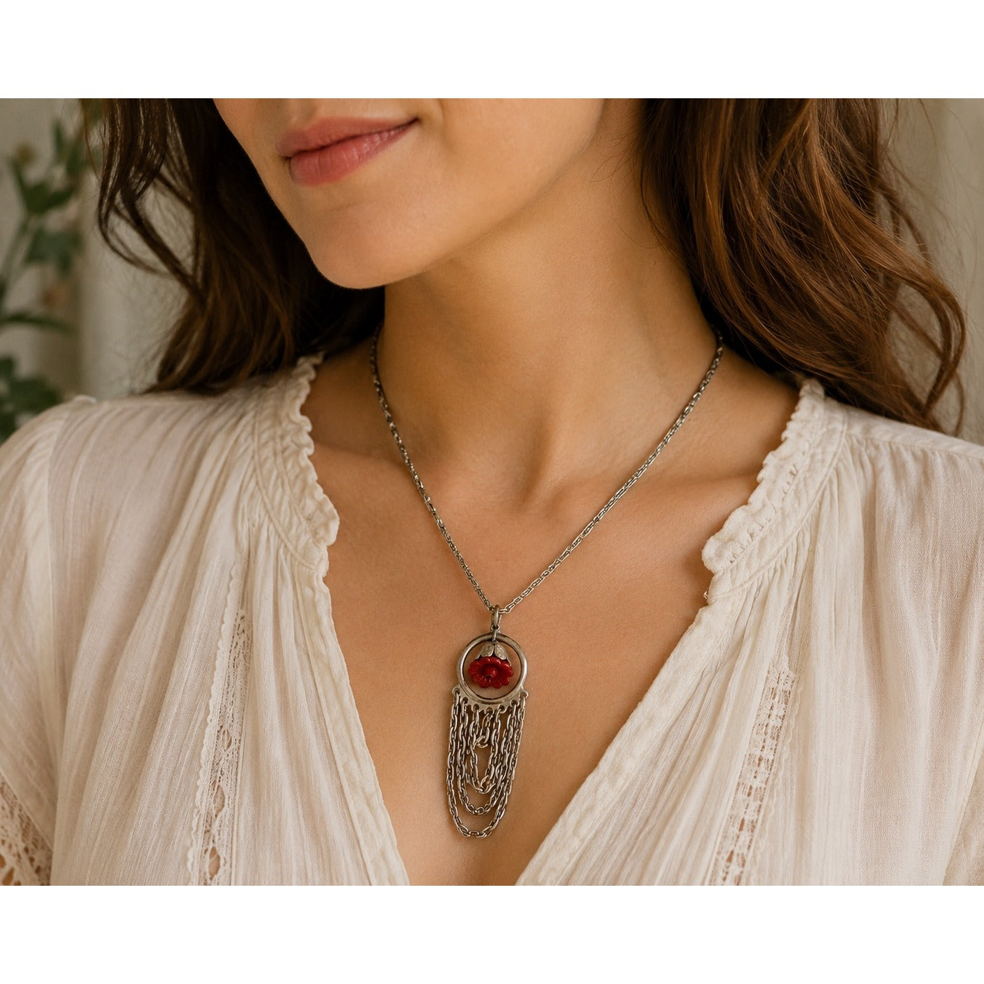 Vintage Hong Kong Red Flower Pendant Necklace Silver Tone Chain Dangle Fringe