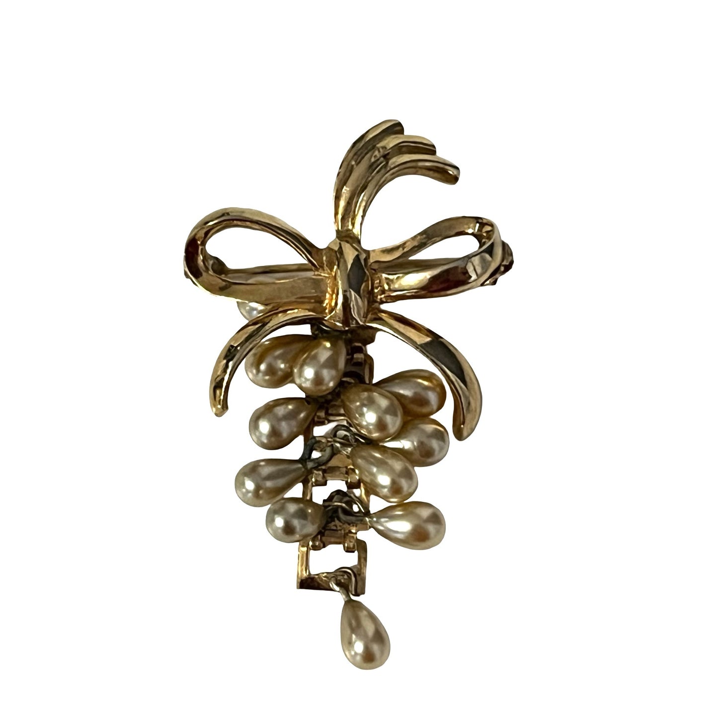 Vintage Faux Pearl Dangle Brooch Gold Tone Bow Ribbon Drop Pin 2”