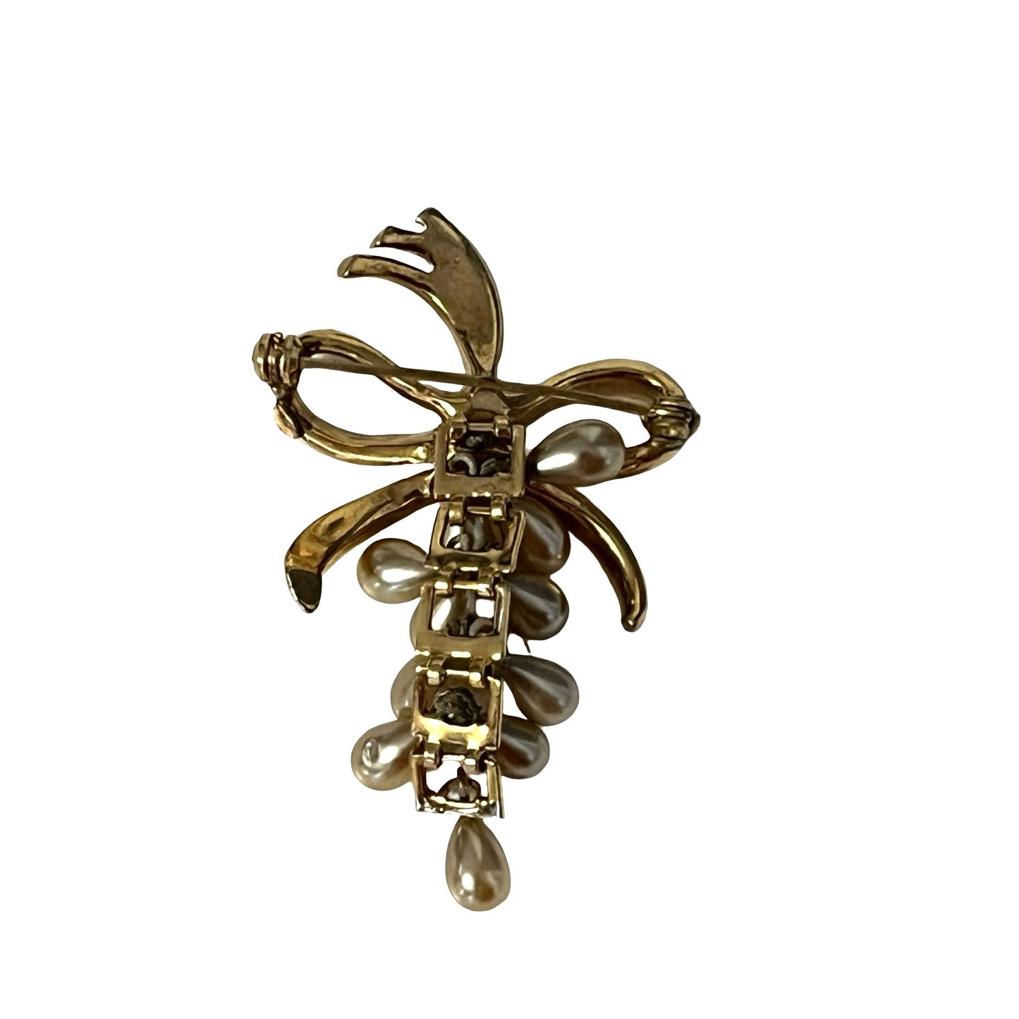 Vintage Faux Pearl Dangle Brooch Gold Tone Bow Ribbon Drop Pin 2”