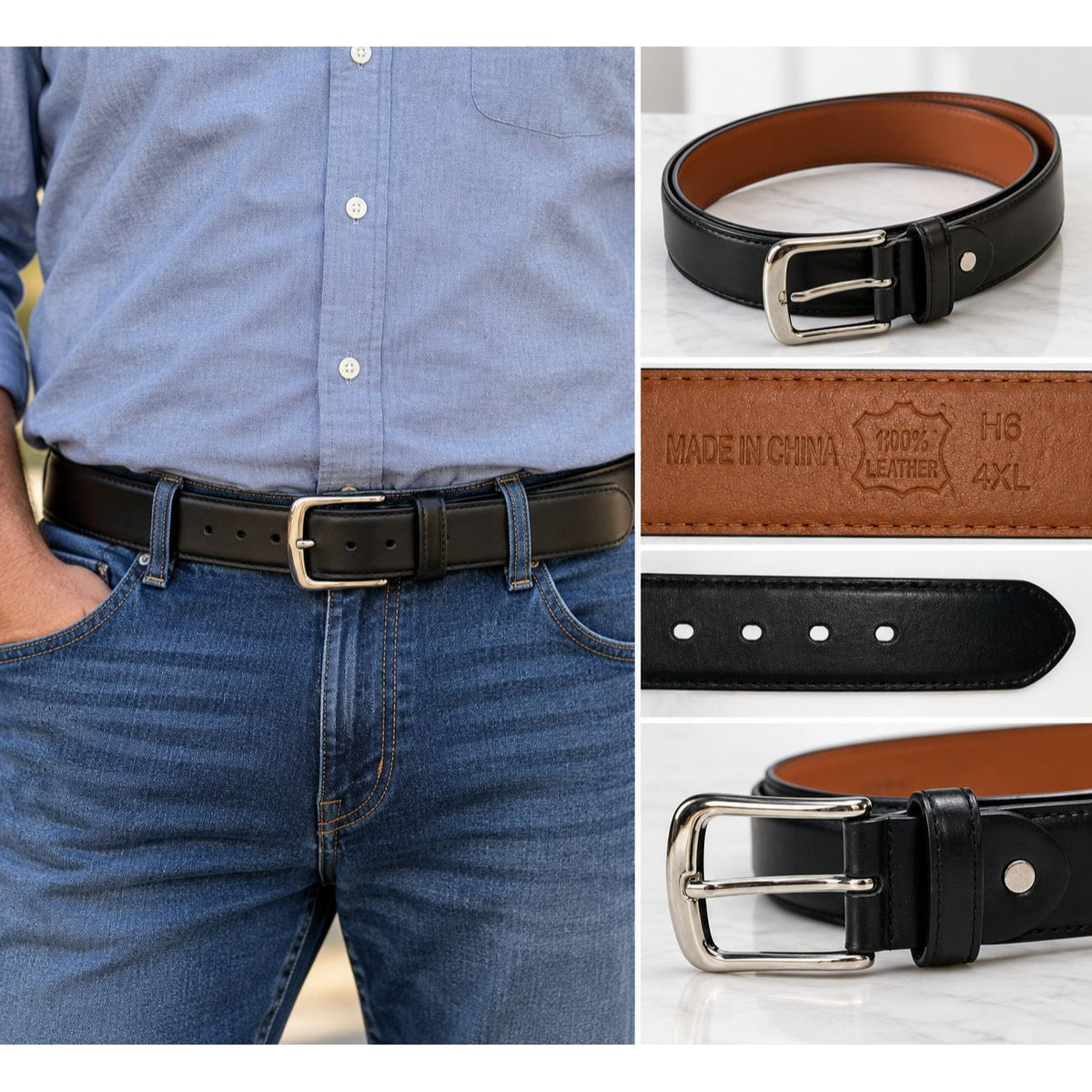 Black Genuine Leather 4XL Belt Silver Tone Buckle Big Tall 54.5"
