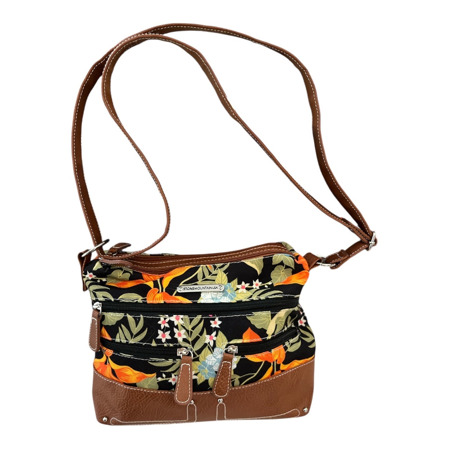 Stone Mountain Floral Tropical Print Crossbody Purse Brown Faux Leather Bag See Photos
