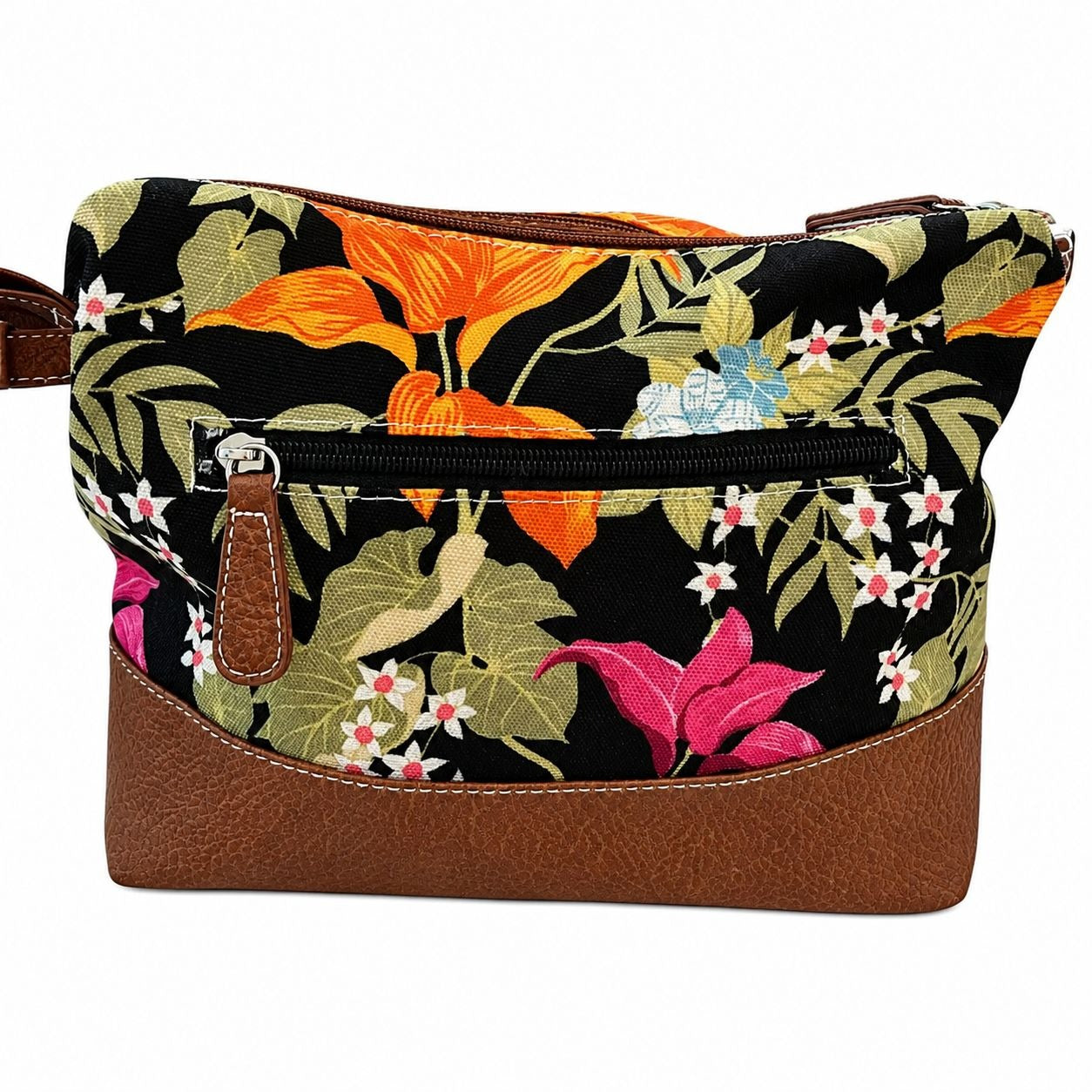 Stone Mountain Floral Tropical Print Crossbody Purse Brown Faux Leather Bag See Photos