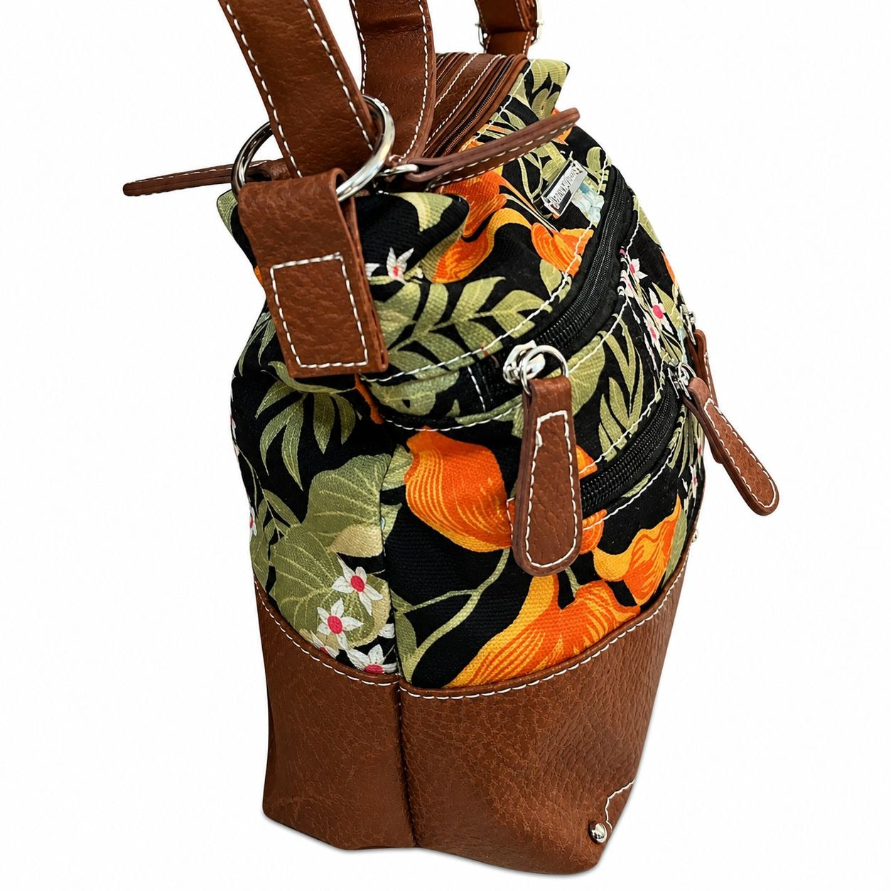 Stone Mountain Floral Tropical Print Crossbody Purse Brown Faux Leather Bag See Photos