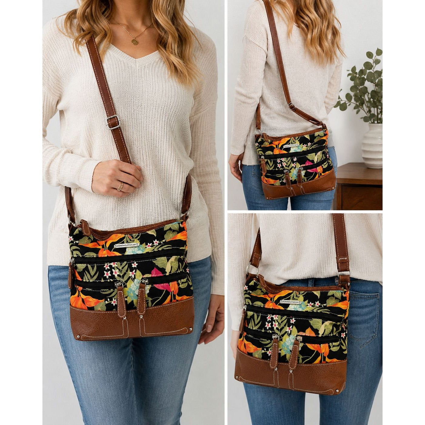 Stone Mountain Floral Tropical Print Crossbody Purse Brown Faux Leather Bag See Photos