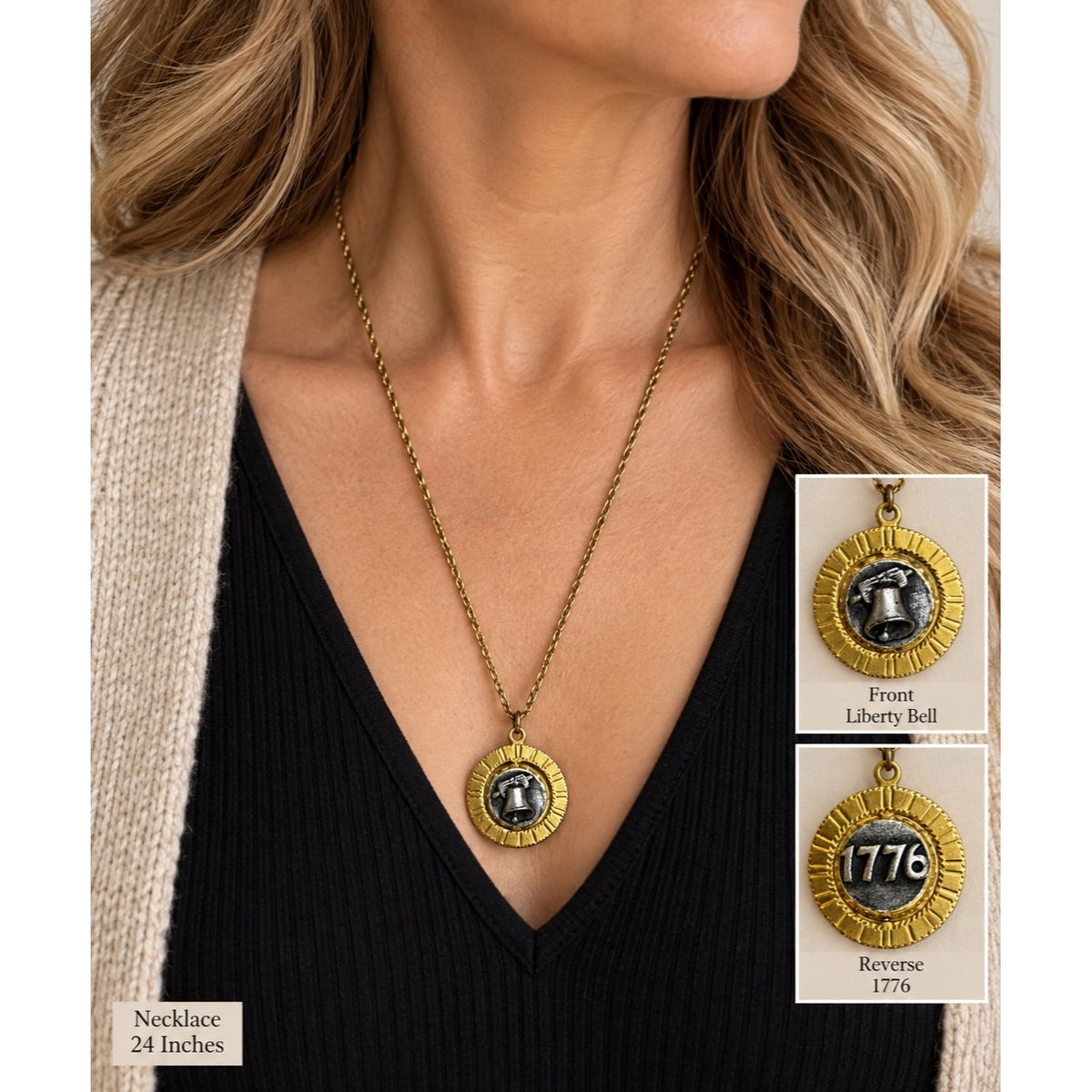 Vintage 1976 Bicentennial Liberty Bell Spinner Pendant Necklace 24 Inch