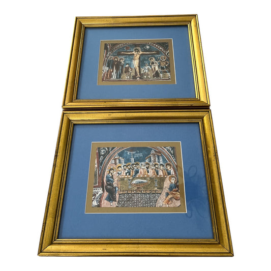 Vintage Christian Religious Art Prints – Set of 2 Framed Byzantine Frescoes – Last Supper & Crucifixion – Daphne Gallery